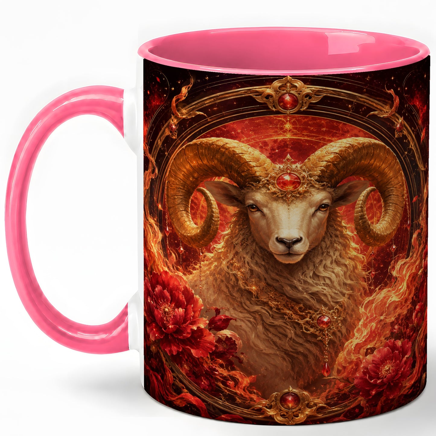 #pl[11oz|Pink] Aries Ram Ceramic Mug, Fiery Zodiac Celestial Floral Art