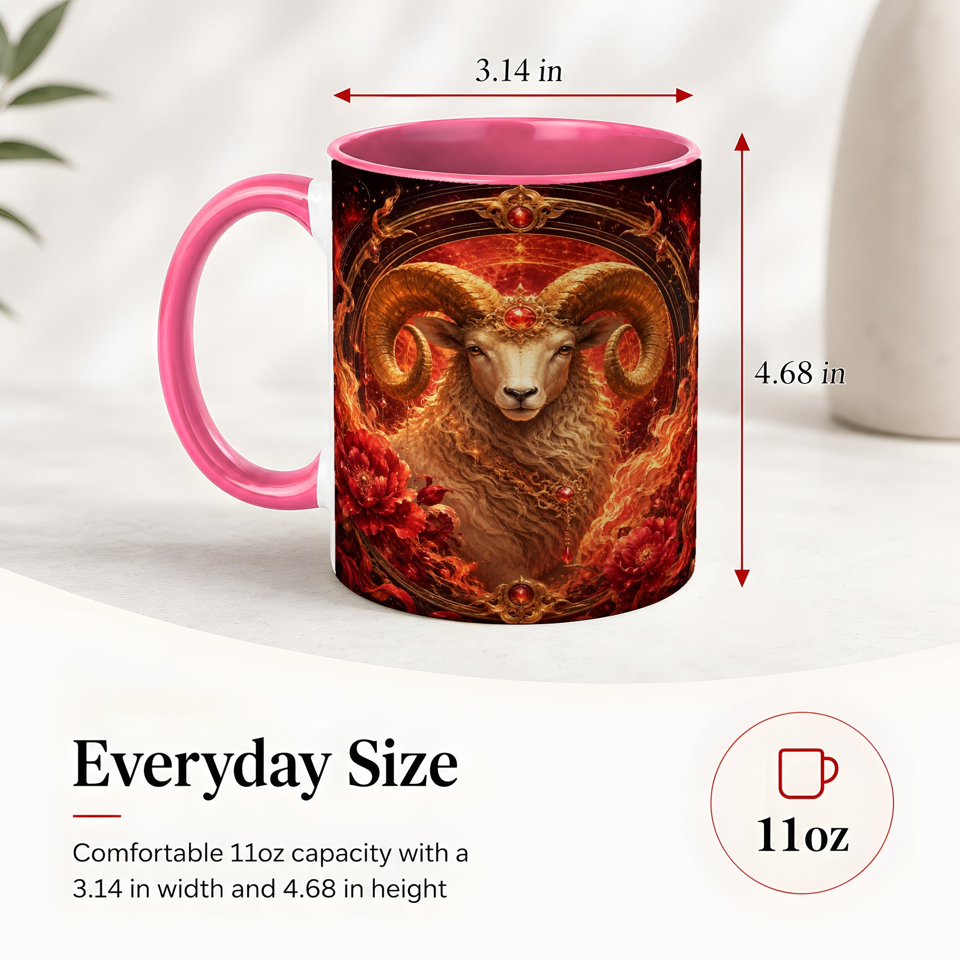 #pl[11oz|Pink] Aries Ram Ceramic Mug, Fiery Zodiac Celestial Floral Art