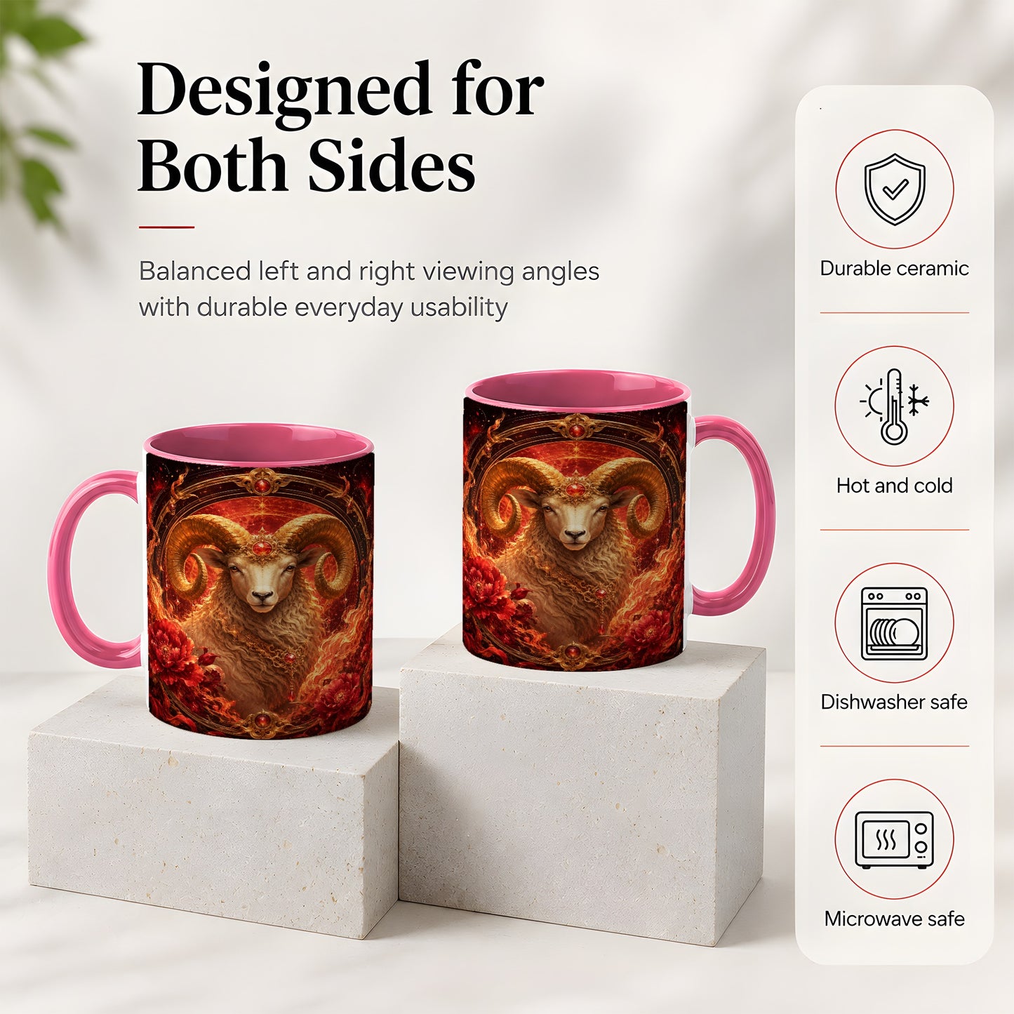#pl[11oz|Pink] Aries Ram Ceramic Mug, Fiery Zodiac Celestial Floral Art