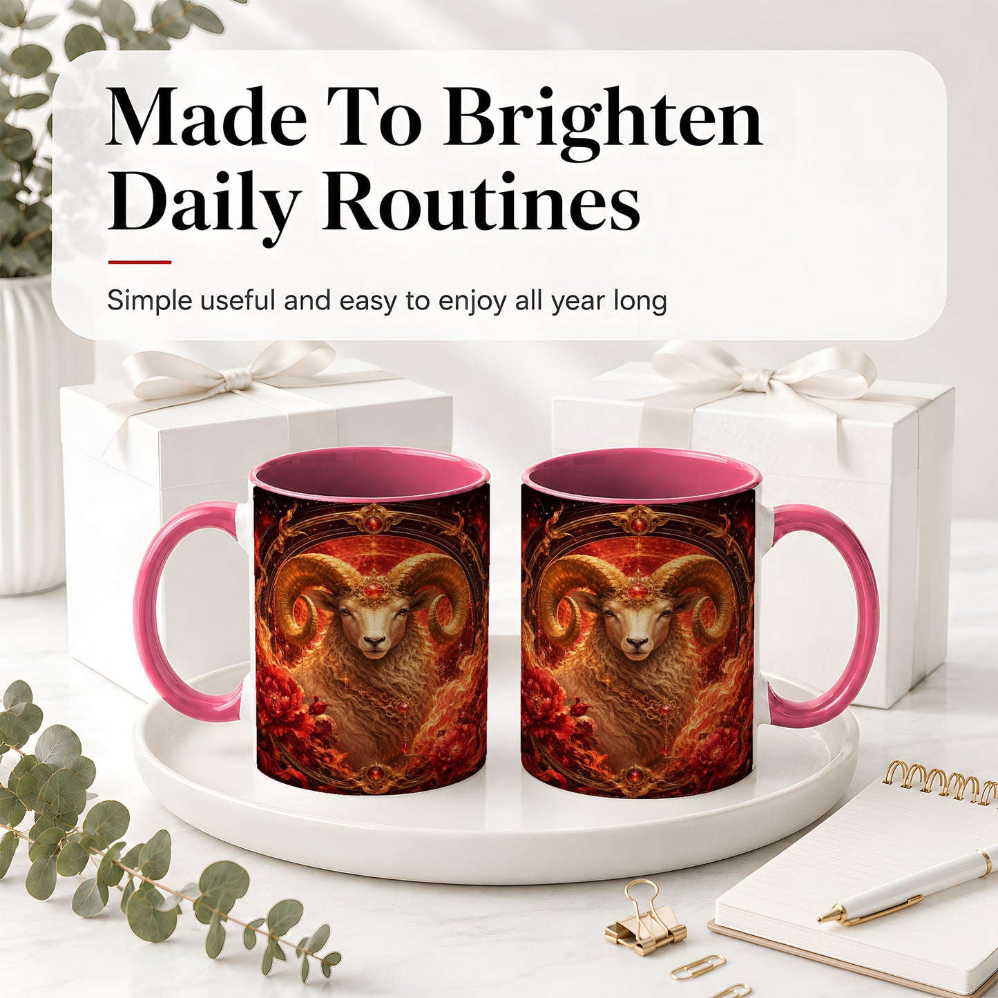 #pl[11oz|Pink] Aries Ram Ceramic Mug, Fiery Zodiac Celestial Floral Art