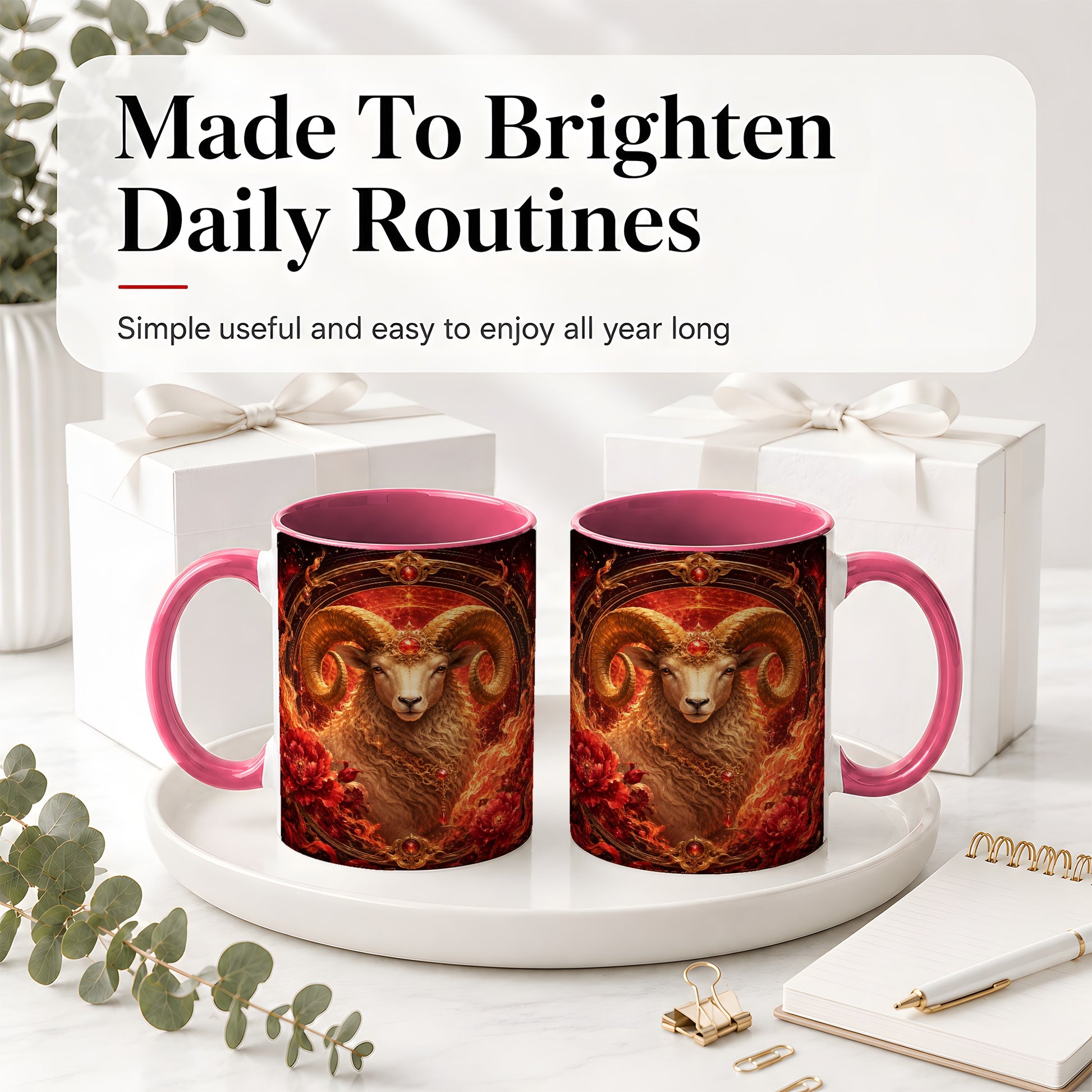 #pl[11oz|Pink] Aries Ram Ceramic Mug, Fiery Zodiac Celestial Floral Art