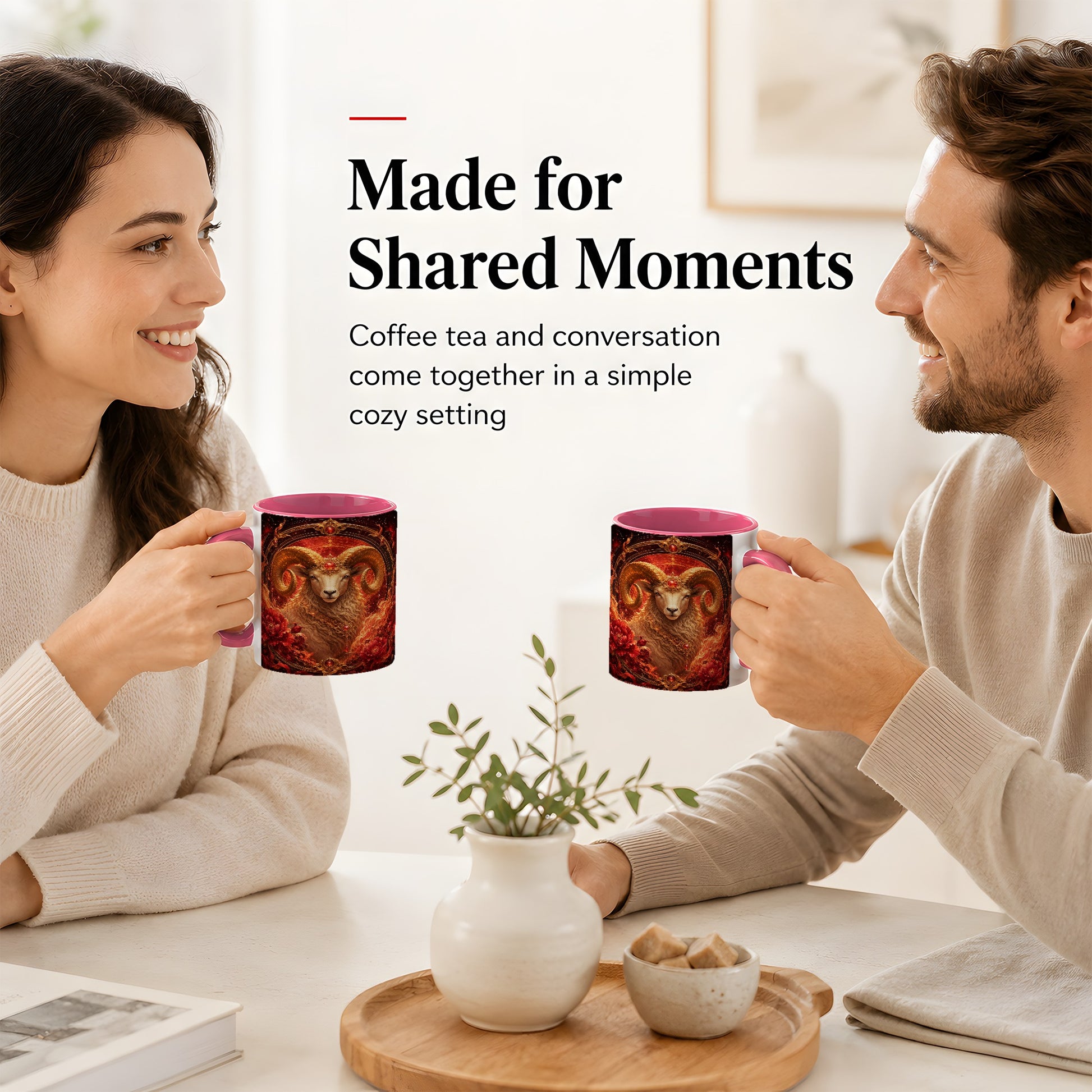 #pl[11oz|Pink] Aries Ram Ceramic Mug, Fiery Zodiac Celestial Floral Art