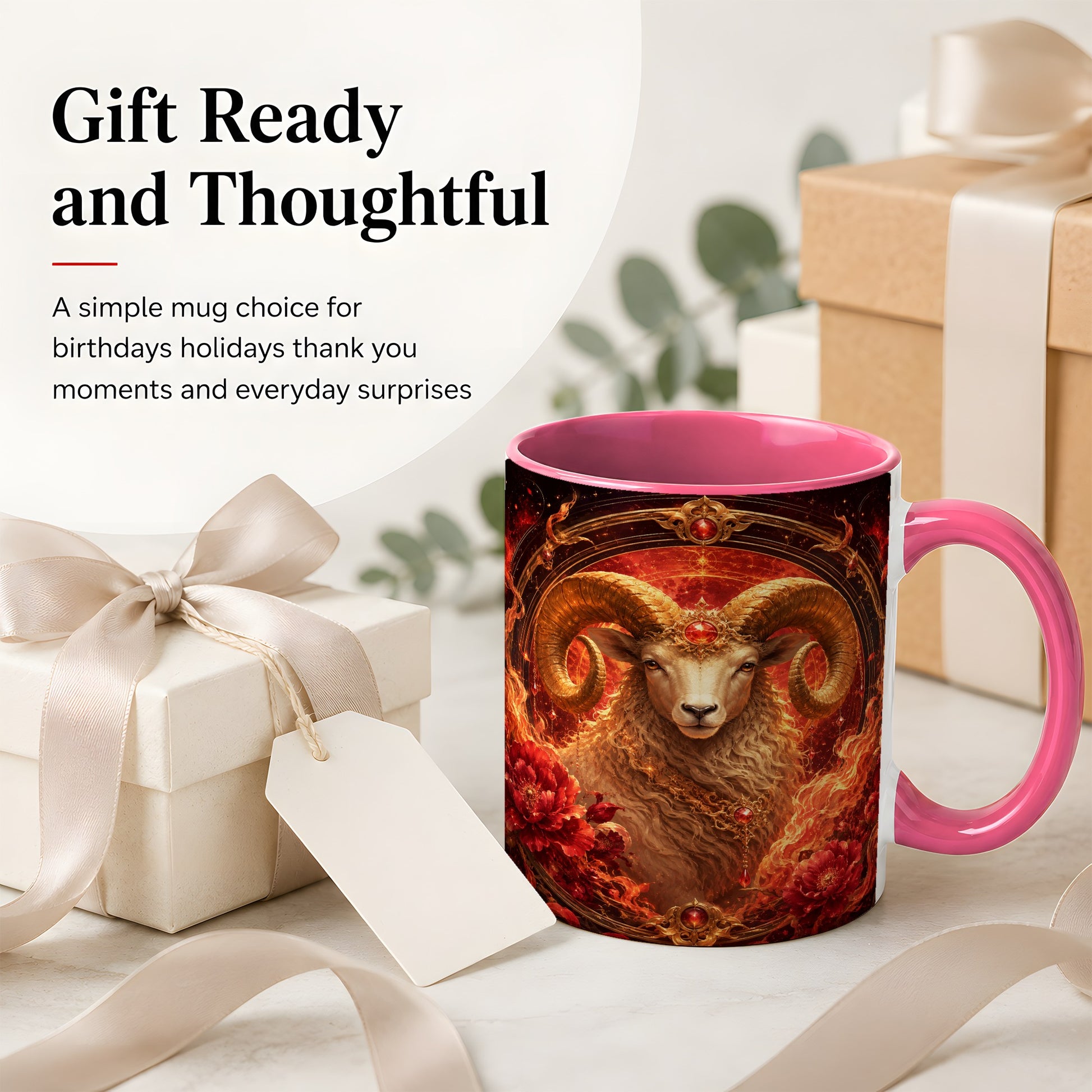 #pl[11oz|Pink] Aries Ram Ceramic Mug, Fiery Zodiac Celestial Floral Art