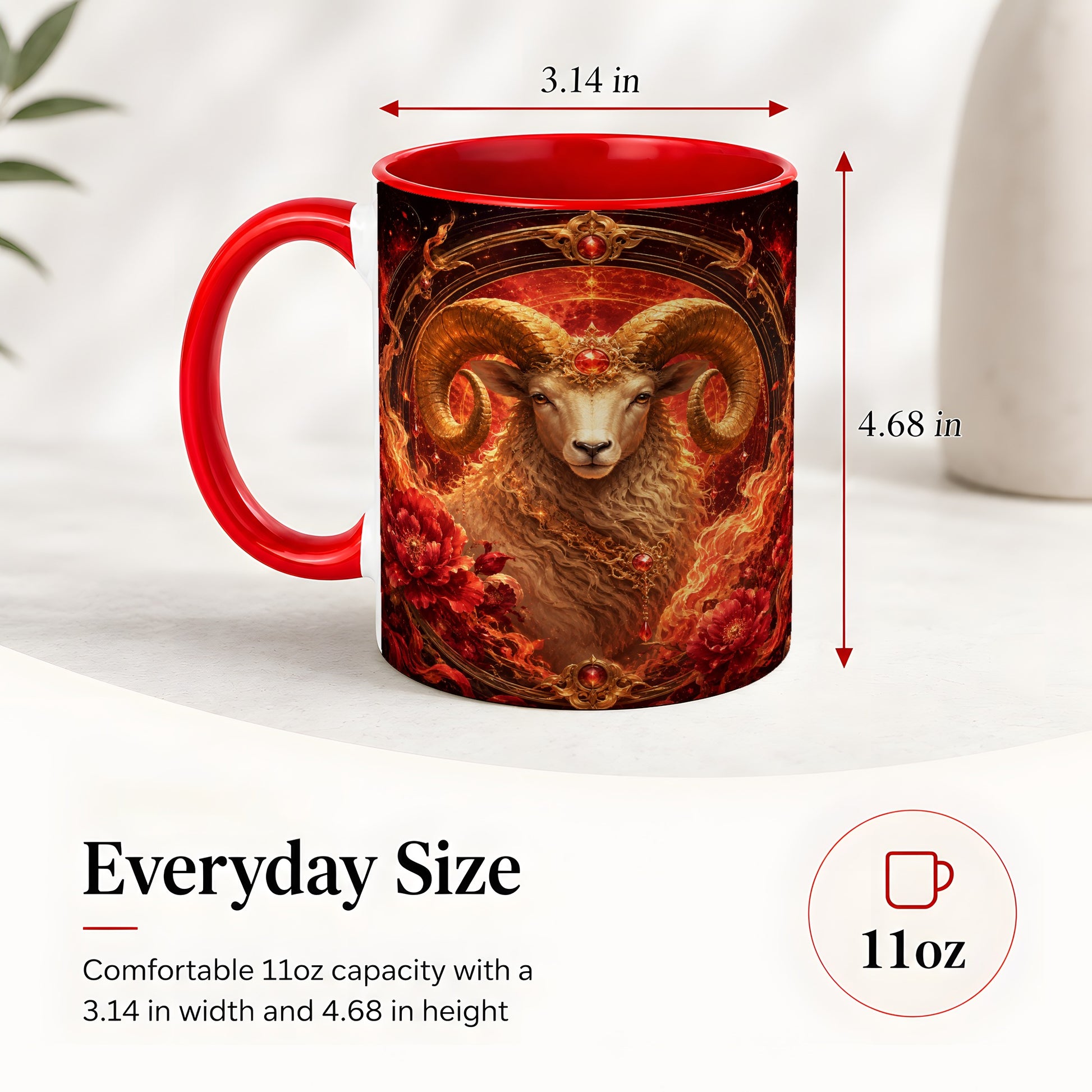#pl[11oz|Red] Aries Ram Ceramic Mug, Fiery Zodiac Celestial Floral Art