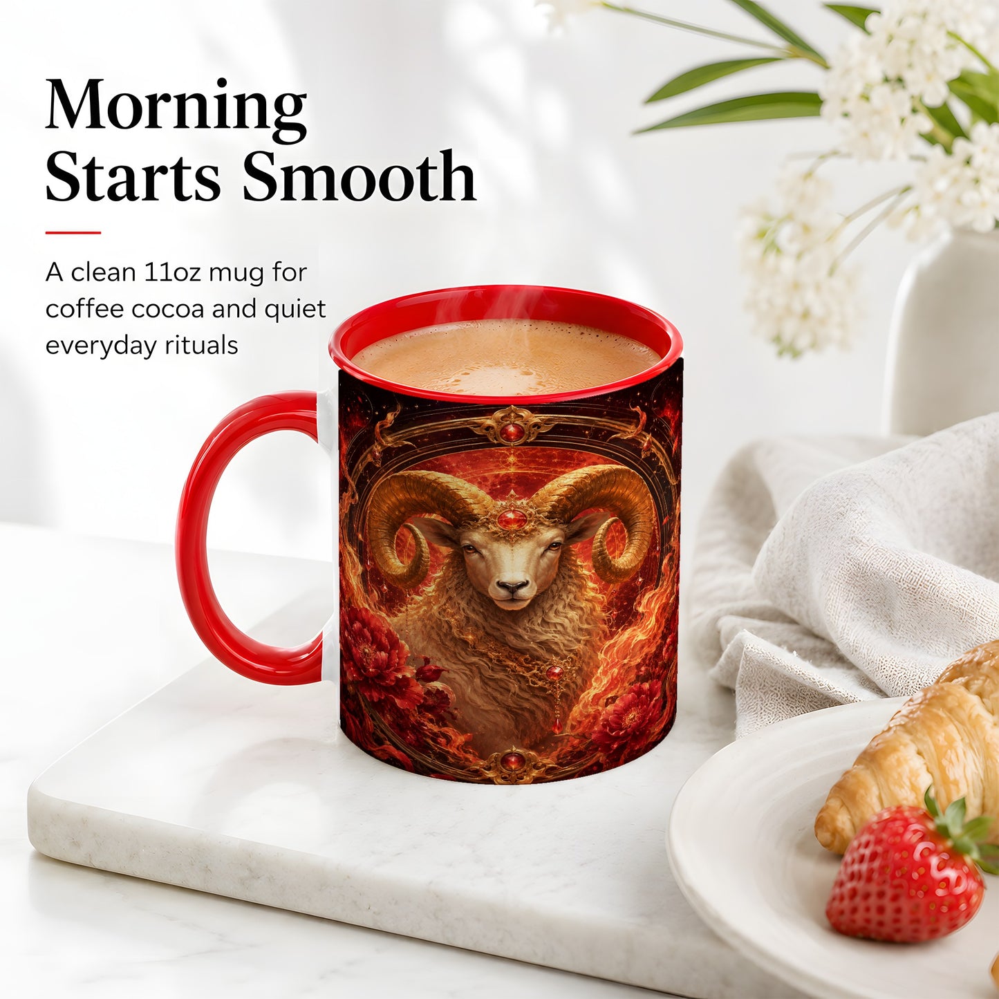 #pl[11oz|Red] Aries Ram Ceramic Mug, Fiery Zodiac Celestial Floral Art