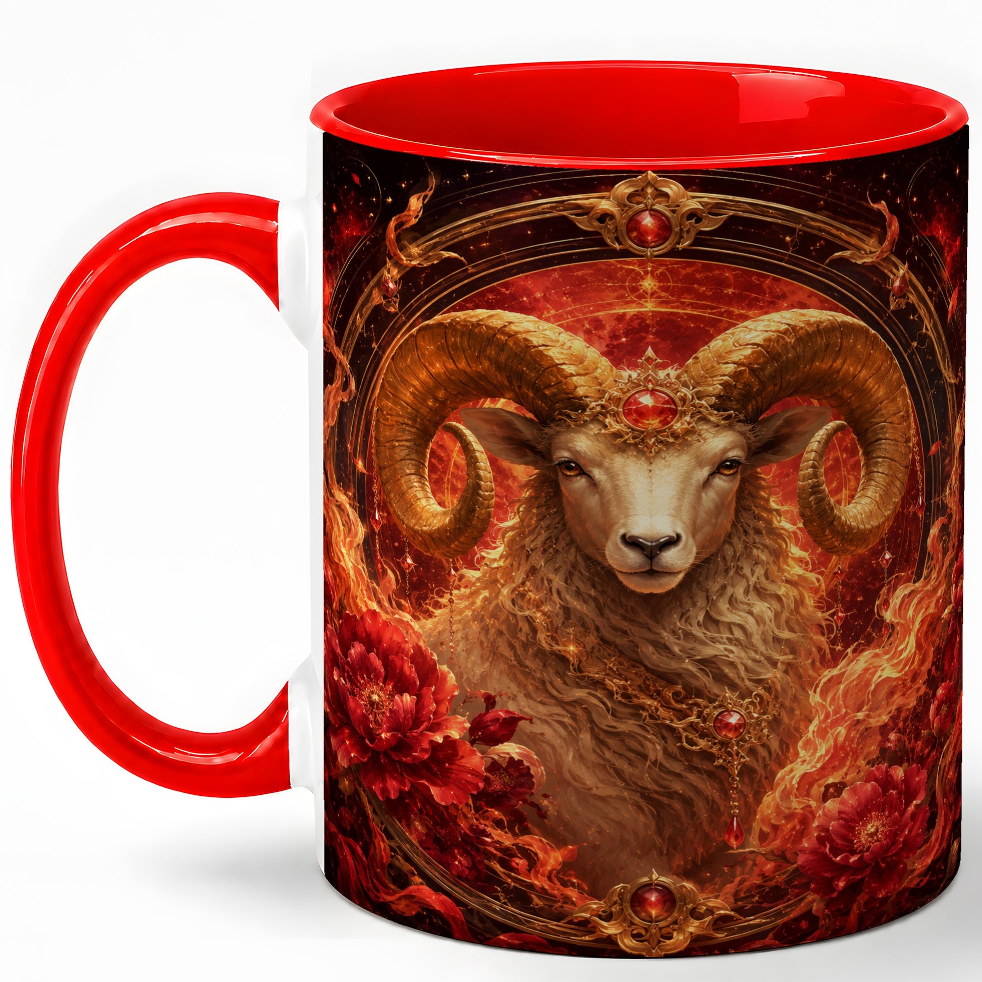 Aries Ram Ceramic Mug, Fiery Zodiac Celestial Floral Art