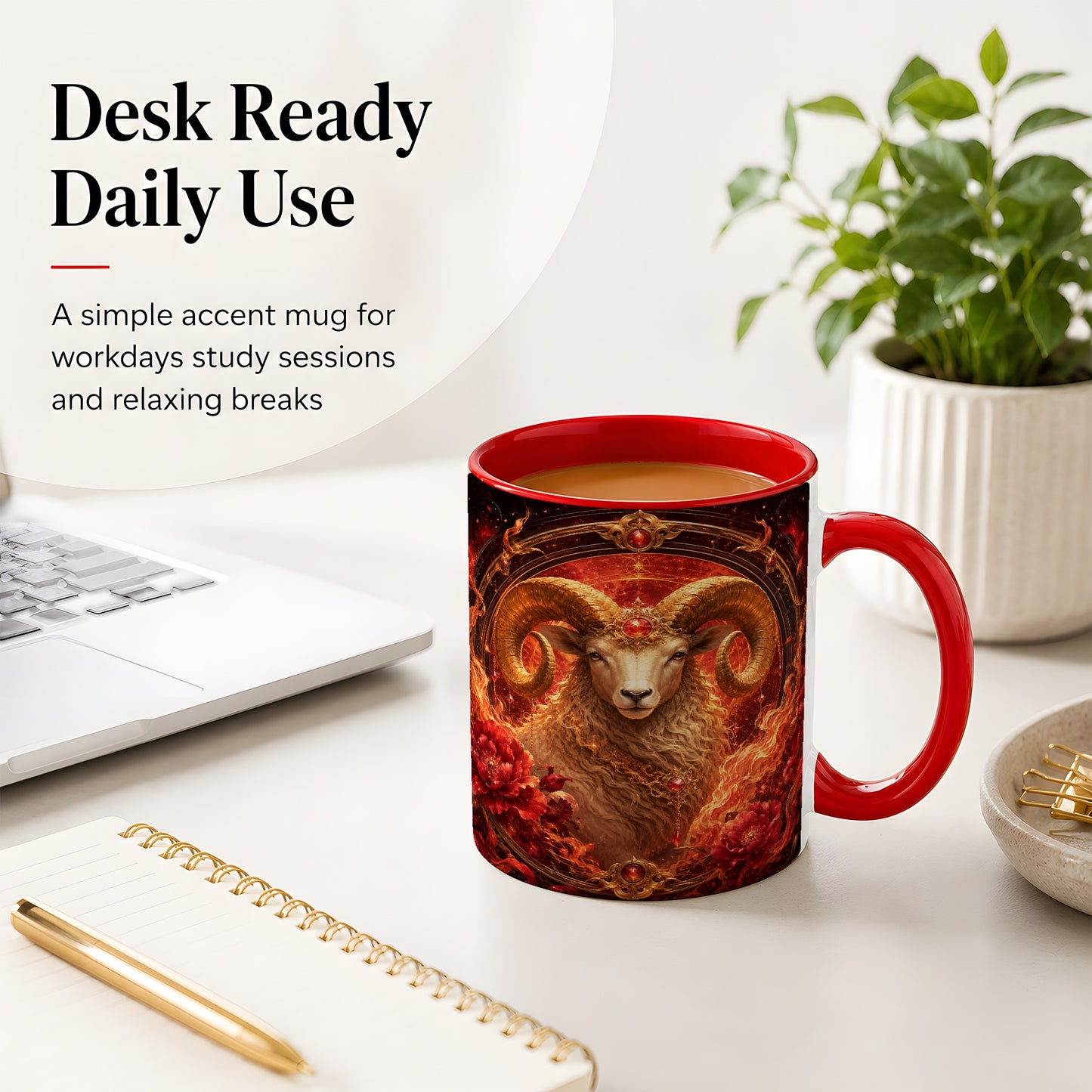 #pl[11oz|Red] Aries Ram Ceramic Mug, Fiery Zodiac Celestial Floral Art