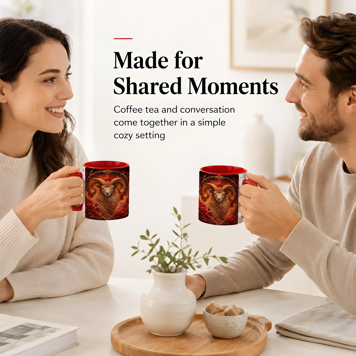 #pl[11oz|Red] Aries Ram Ceramic Mug, Fiery Zodiac Celestial Floral Art