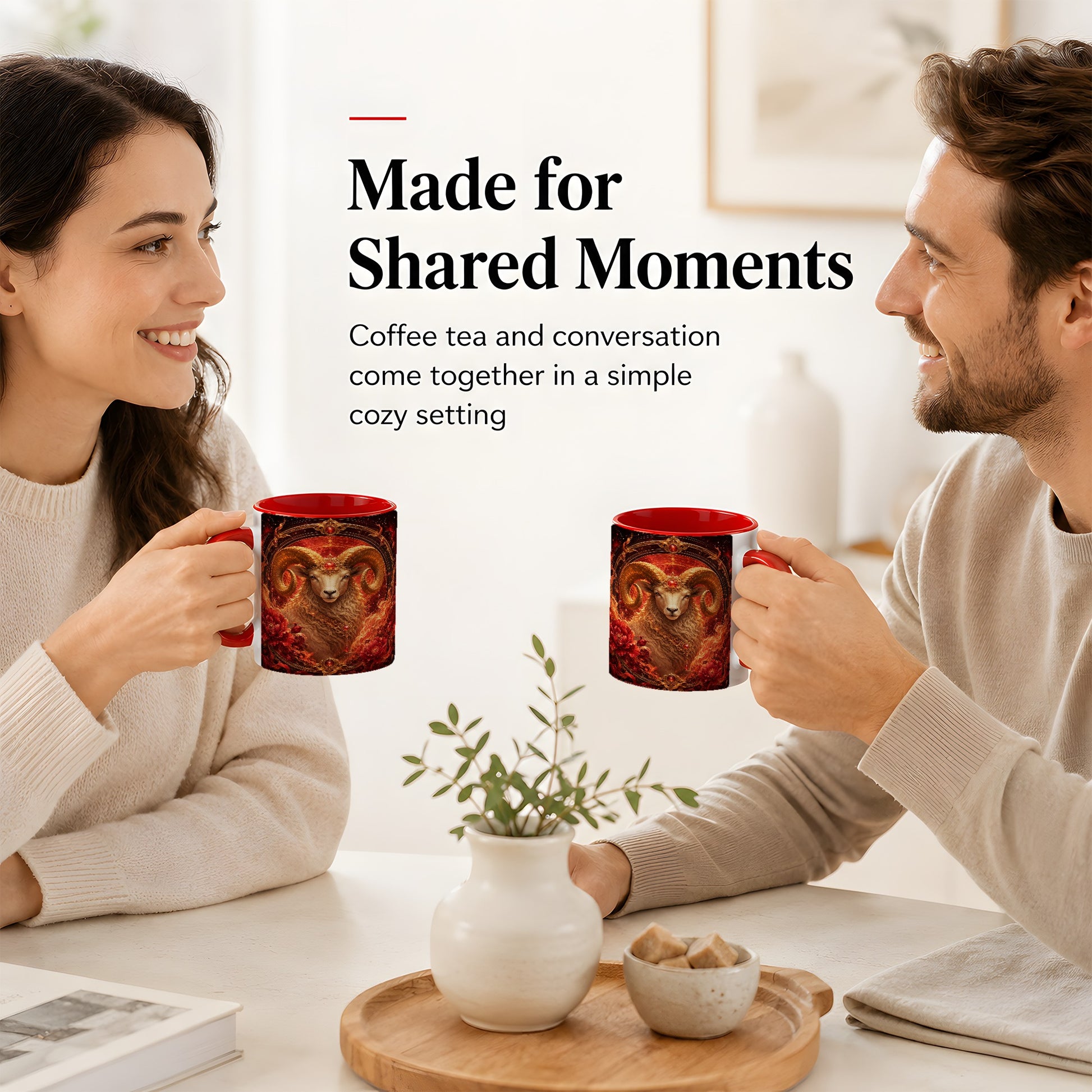#pl[11oz|Red] Aries Ram Ceramic Mug, Fiery Zodiac Celestial Floral Art