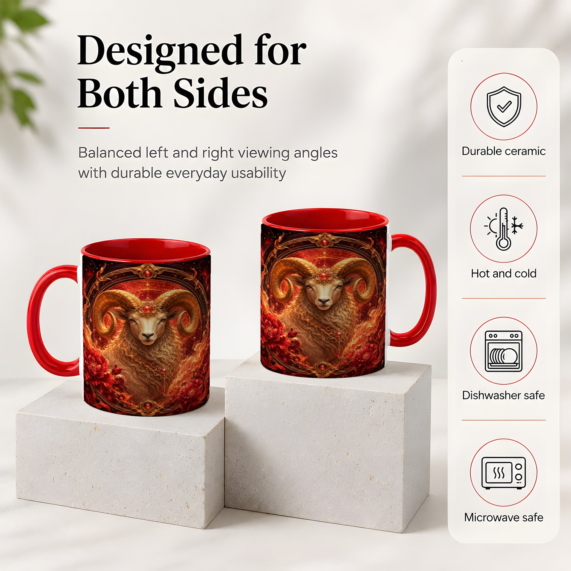 #pl[11oz|Red] Aries Ram Ceramic Mug, Fiery Zodiac Celestial Floral Art
