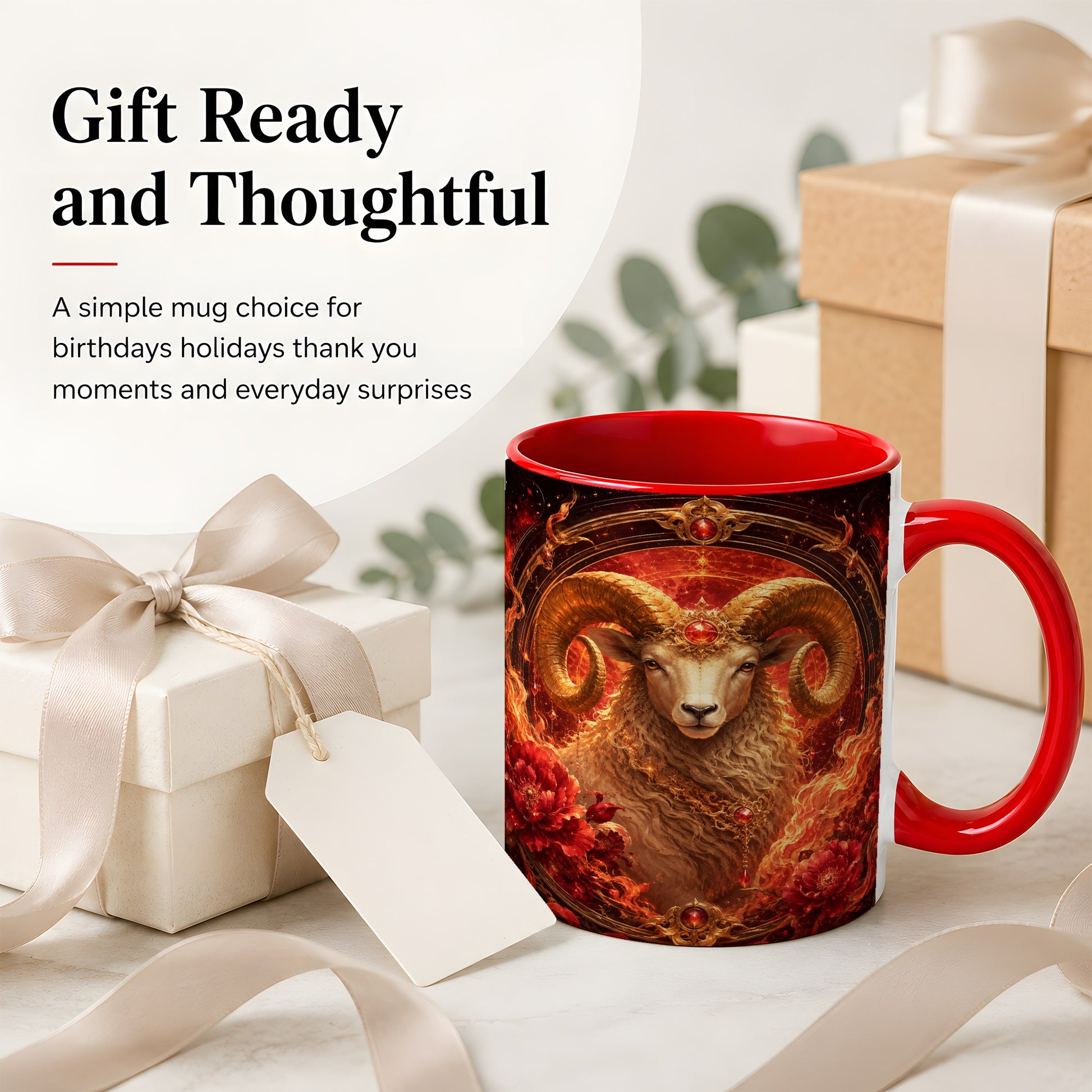 #pl[11oz|Red] Aries Ram Ceramic Mug, Fiery Zodiac Celestial Floral Art