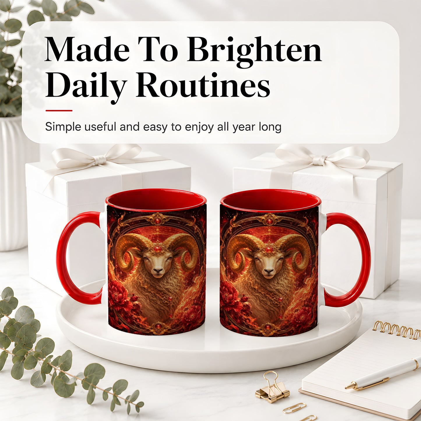 #pl[11oz|Red] Aries Ram Ceramic Mug, Fiery Zodiac Celestial Floral Art