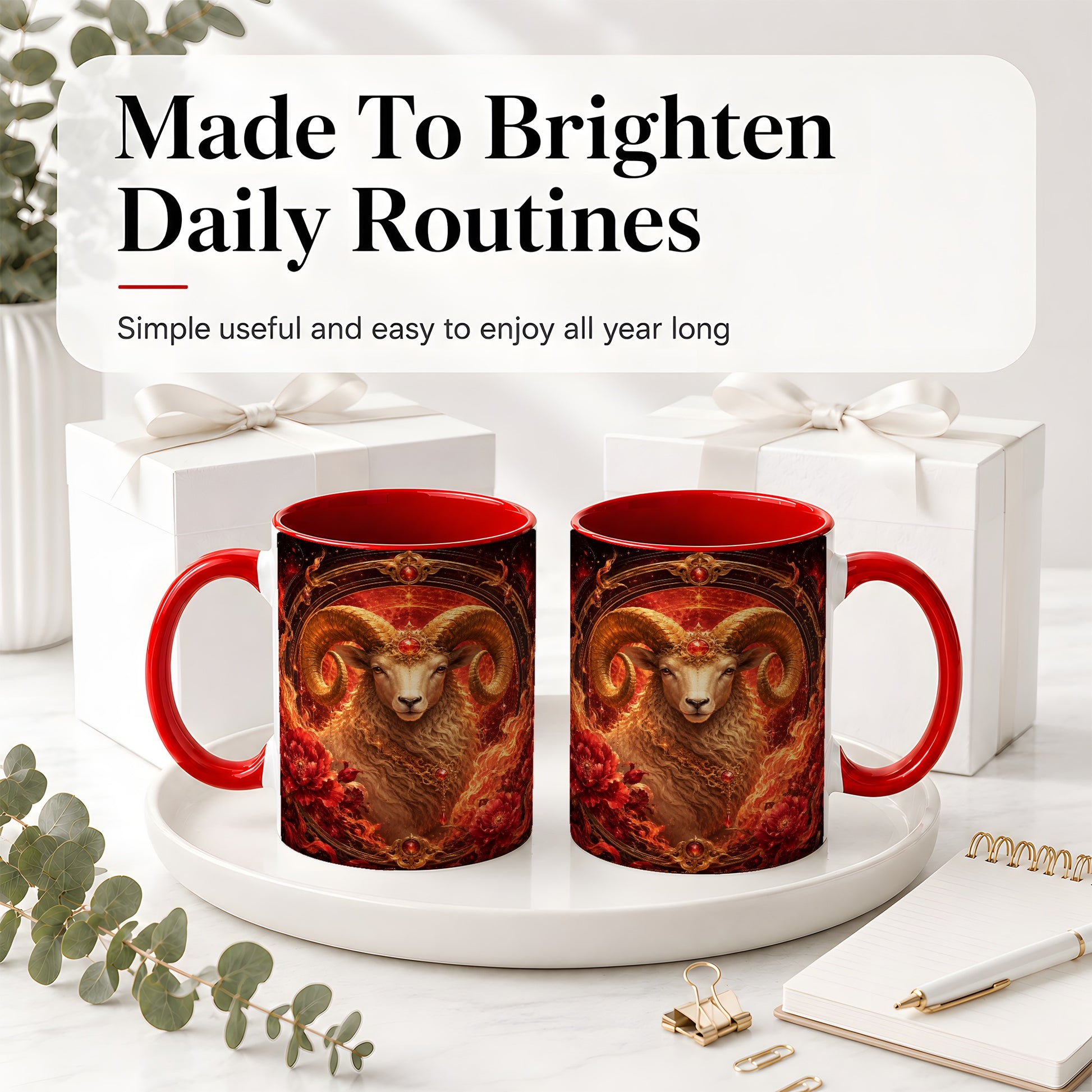 #pl[11oz|Red] Aries Ram Ceramic Mug, Fiery Zodiac Celestial Floral Art