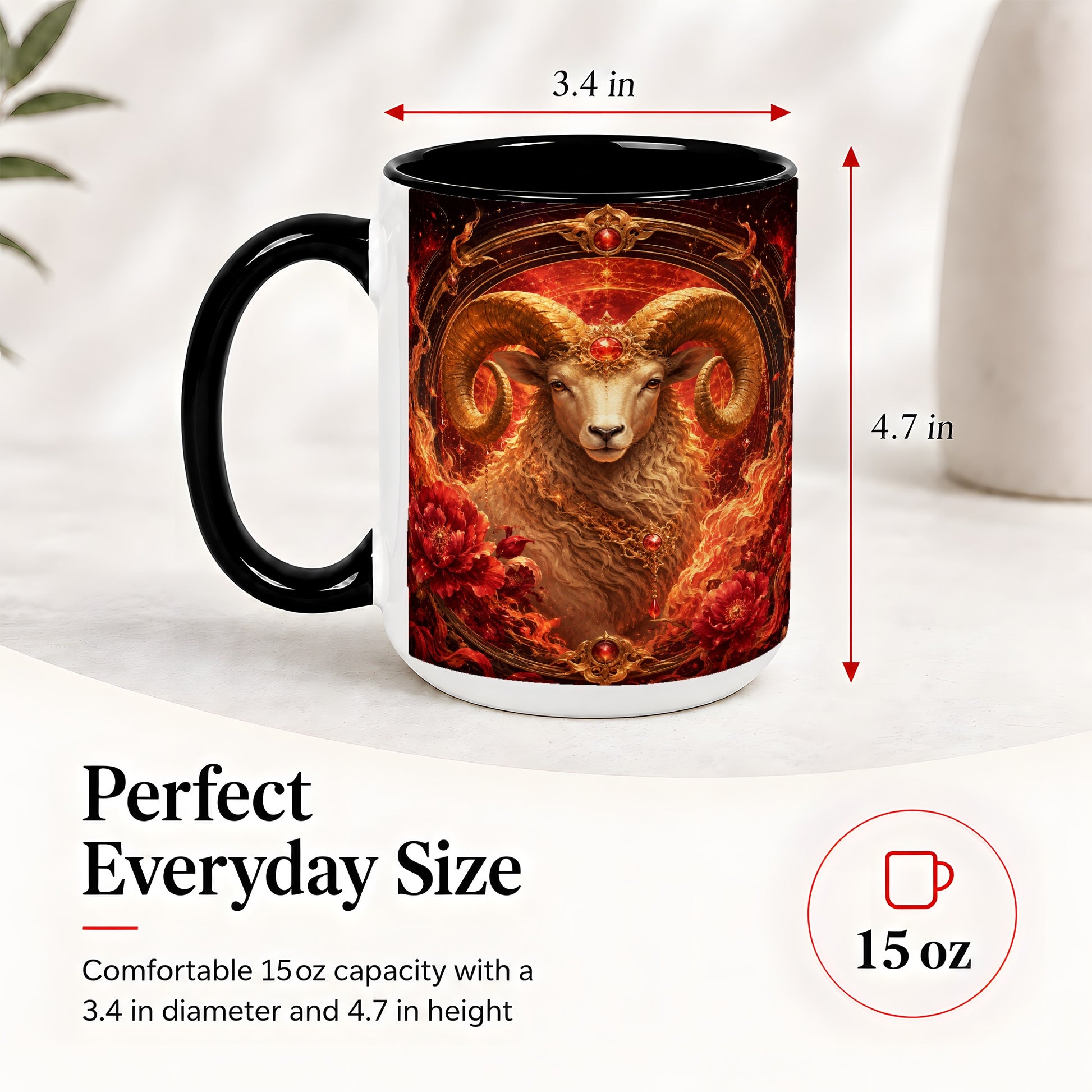 #pl[15oz|Black] Aries Ram Ceramic Mug, Fiery Zodiac Celestial Floral Art