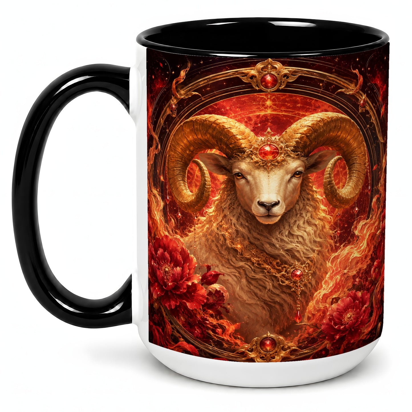 #pl[15oz|Black] Aries Ram Ceramic Mug, Fiery Zodiac Celestial Floral Art
