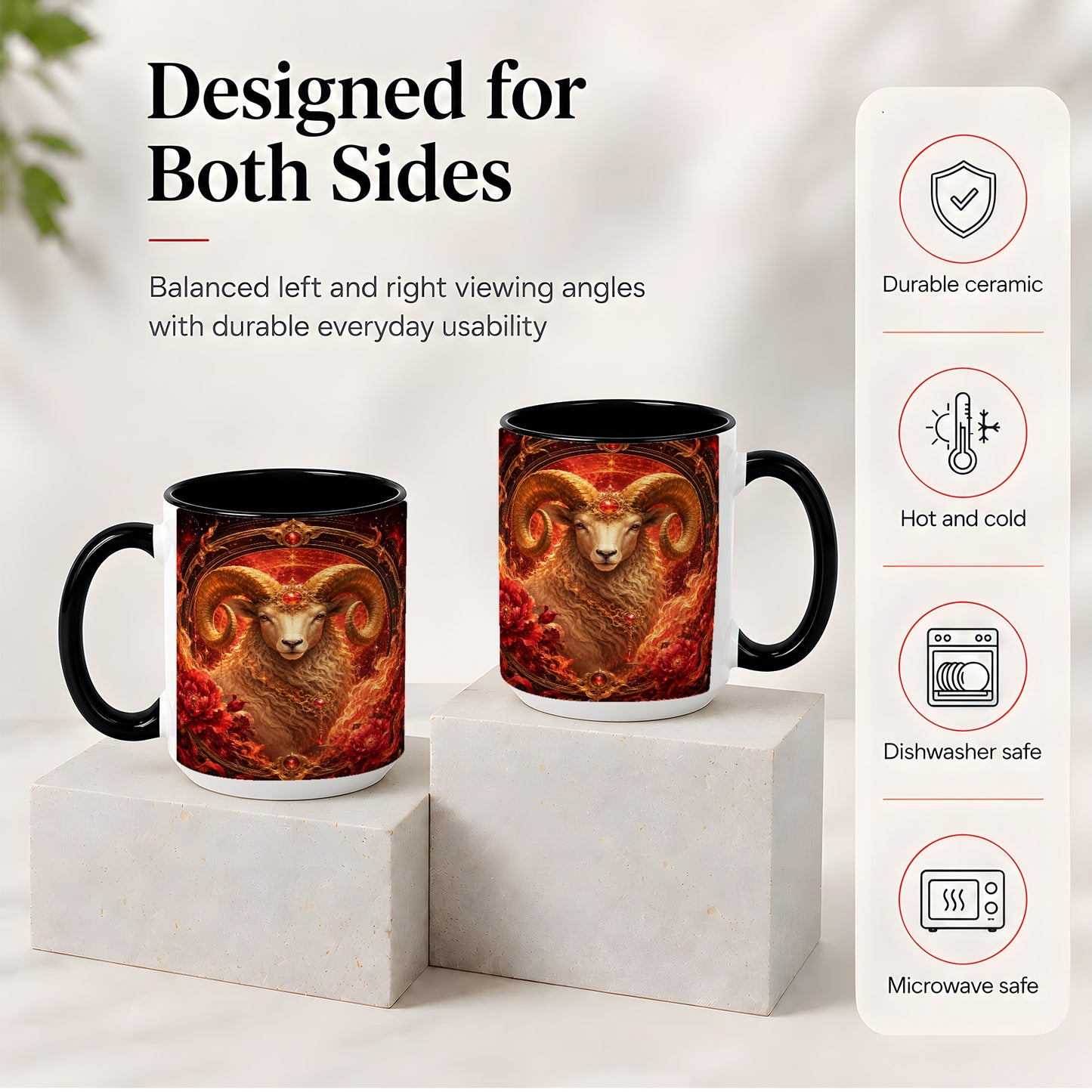 #pl[15oz|Black] Aries Ram Ceramic Mug, Fiery Zodiac Celestial Floral Art