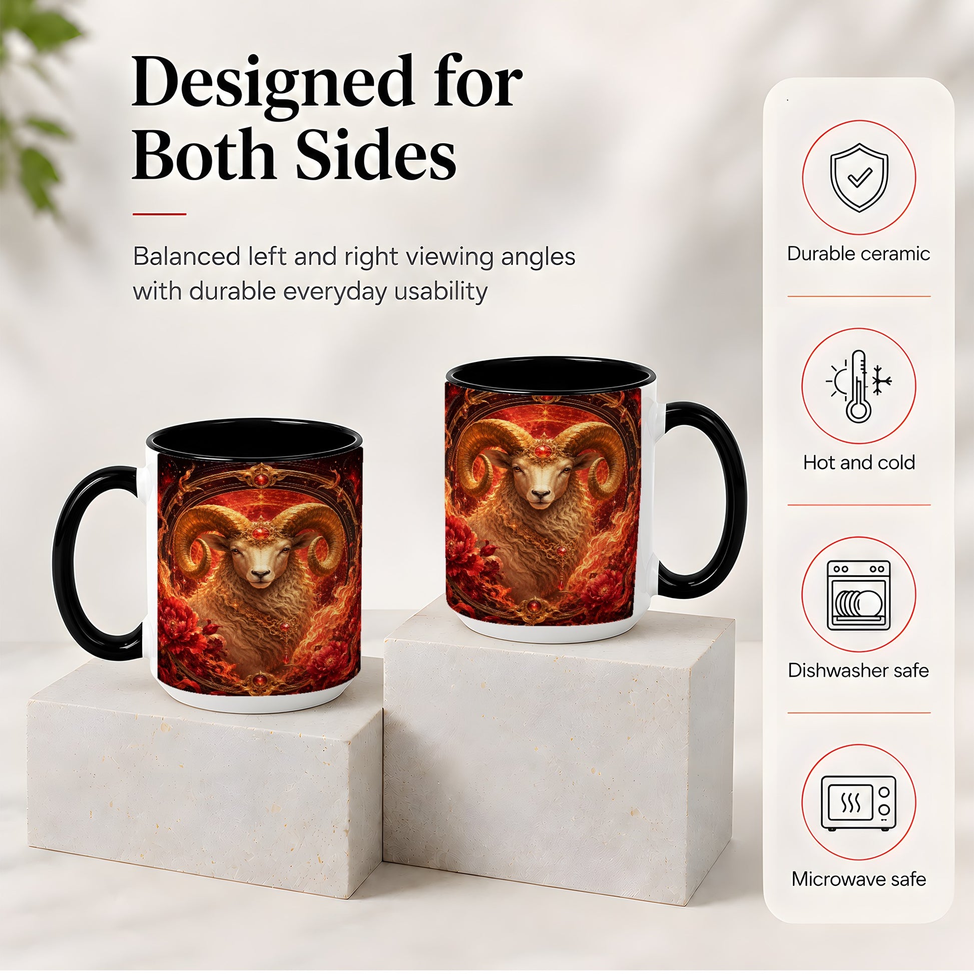 #pl[15oz|Black] Aries Ram Ceramic Mug, Fiery Zodiac Celestial Floral Art