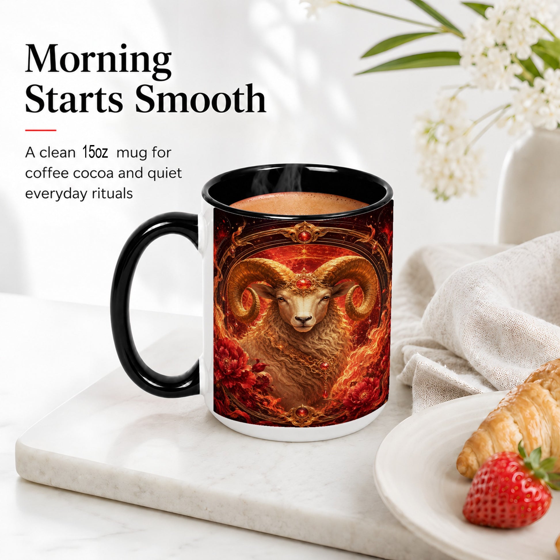 #pl[15oz|Black] Aries Ram Ceramic Mug, Fiery Zodiac Celestial Floral Art