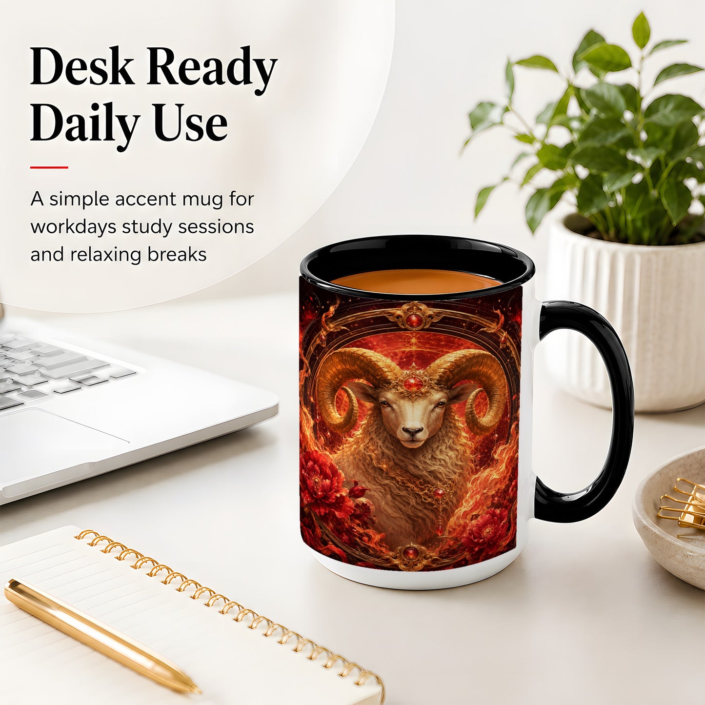 #pl[15oz|Black] Aries Ram Ceramic Mug, Fiery Zodiac Celestial Floral Art