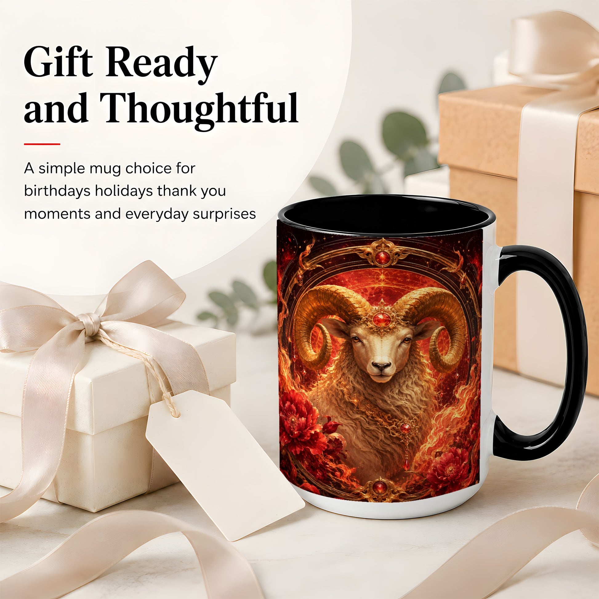 #pl[15oz|Black] Aries Ram Ceramic Mug, Fiery Zodiac Celestial Floral Art