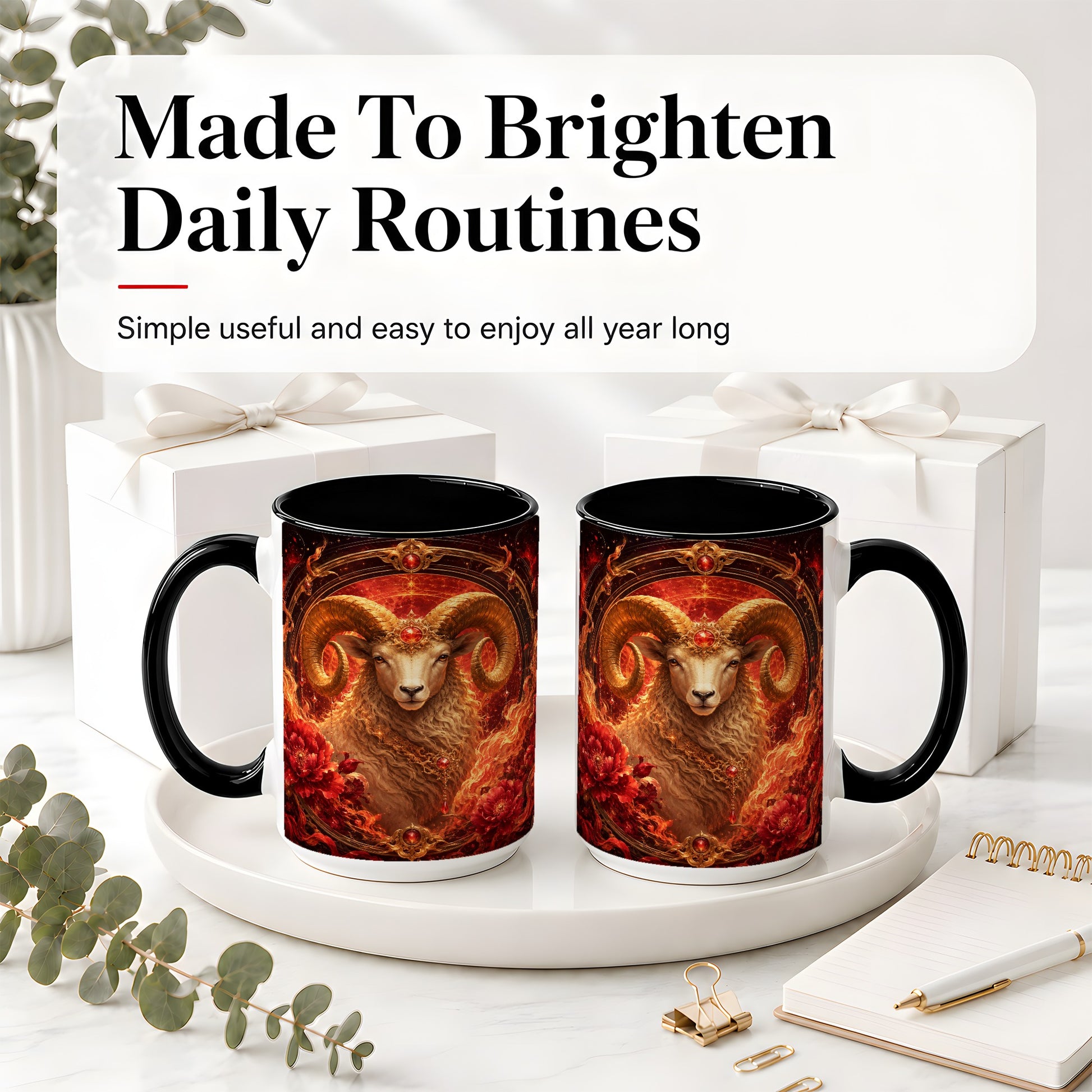 #pl[15oz|Black] Aries Ram Ceramic Mug, Fiery Zodiac Celestial Floral Art