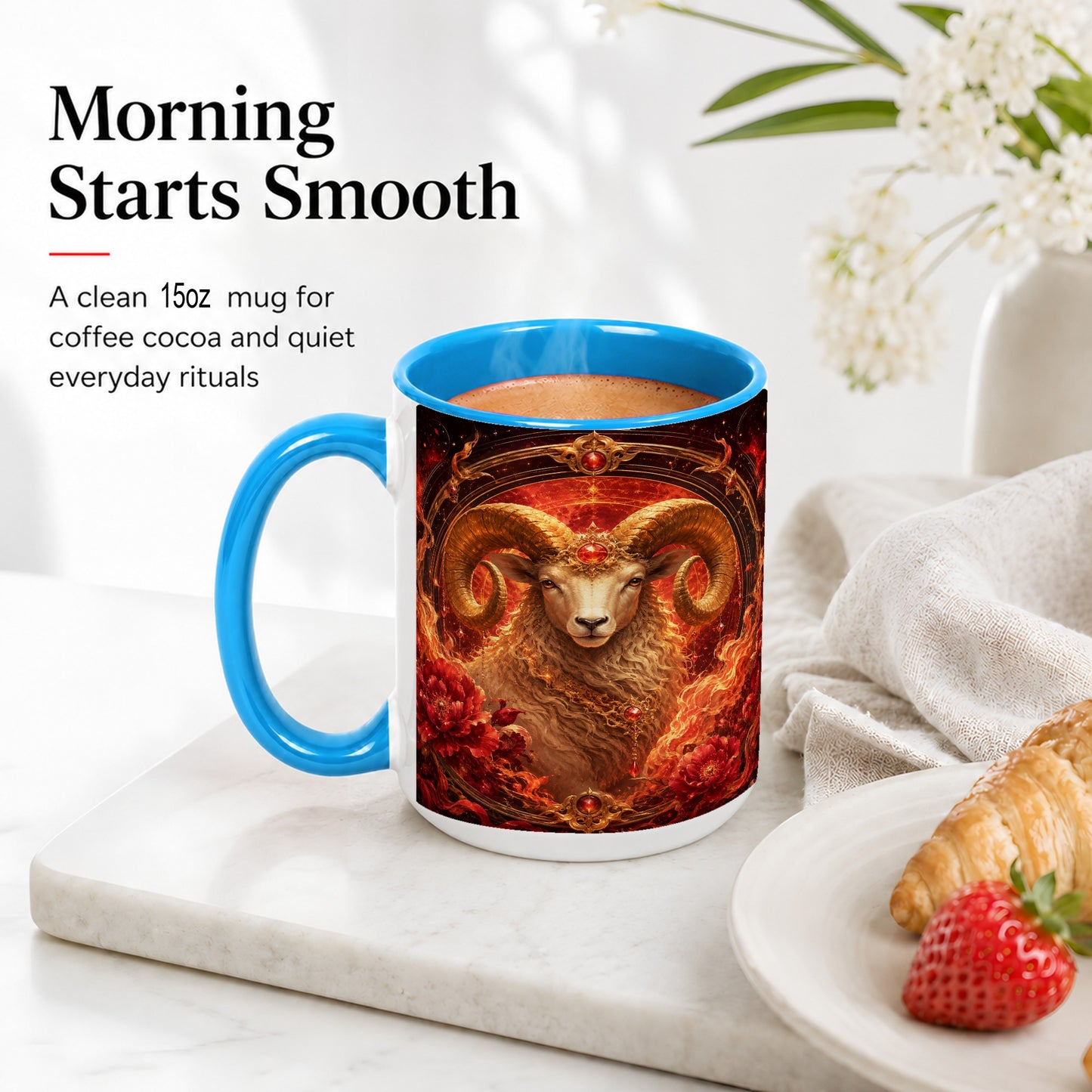 #pl[15oz|Blue] Aries Ram Ceramic Mug, Fiery Zodiac Celestial Floral Art
