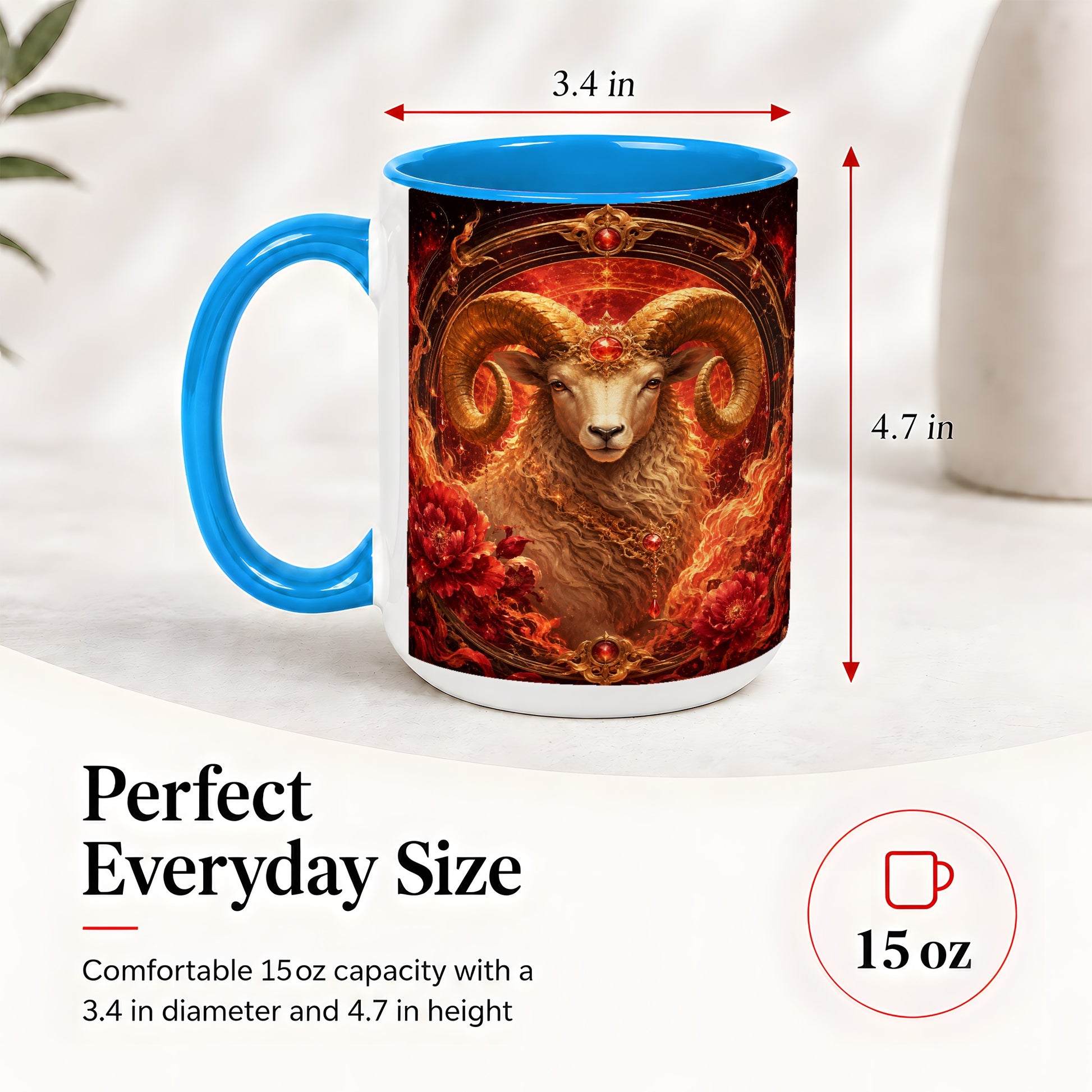 #pl[15oz|Blue] Aries Ram Ceramic Mug, Fiery Zodiac Celestial Floral Art