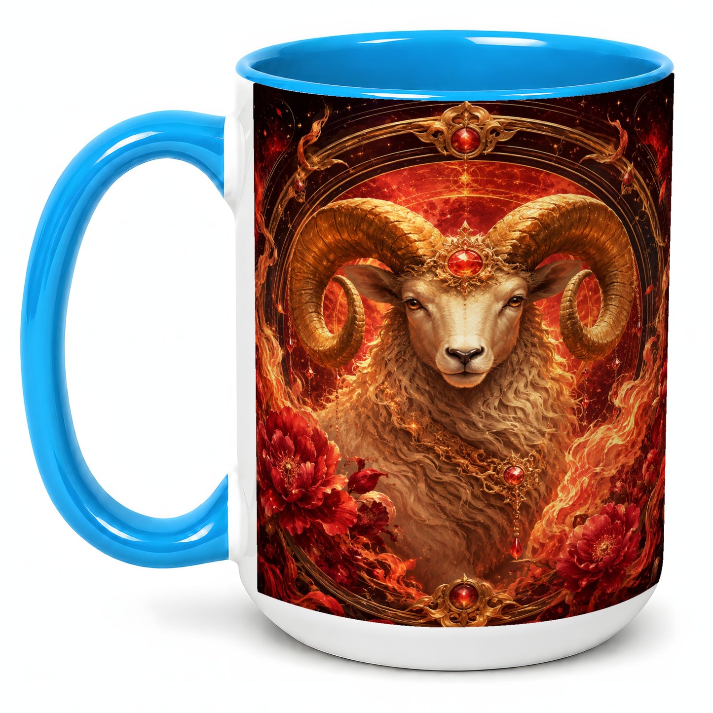 #pl[15oz|Blue] Aries Ram Ceramic Mug, Fiery Zodiac Celestial Floral Art