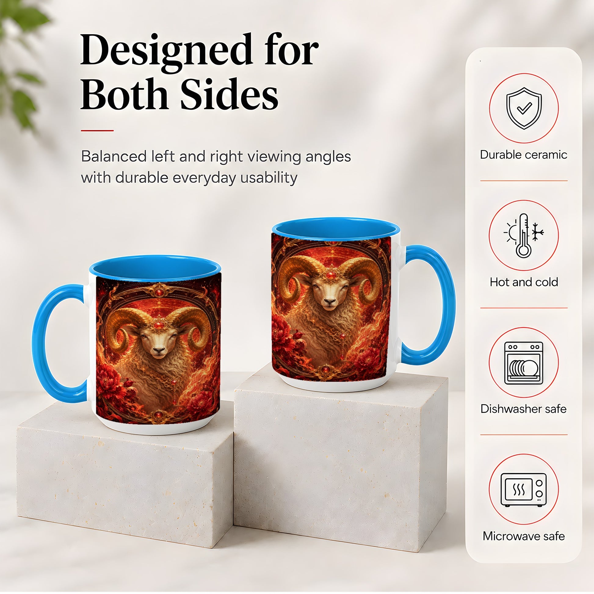 #pl[15oz|Blue] Aries Ram Ceramic Mug, Fiery Zodiac Celestial Floral Art