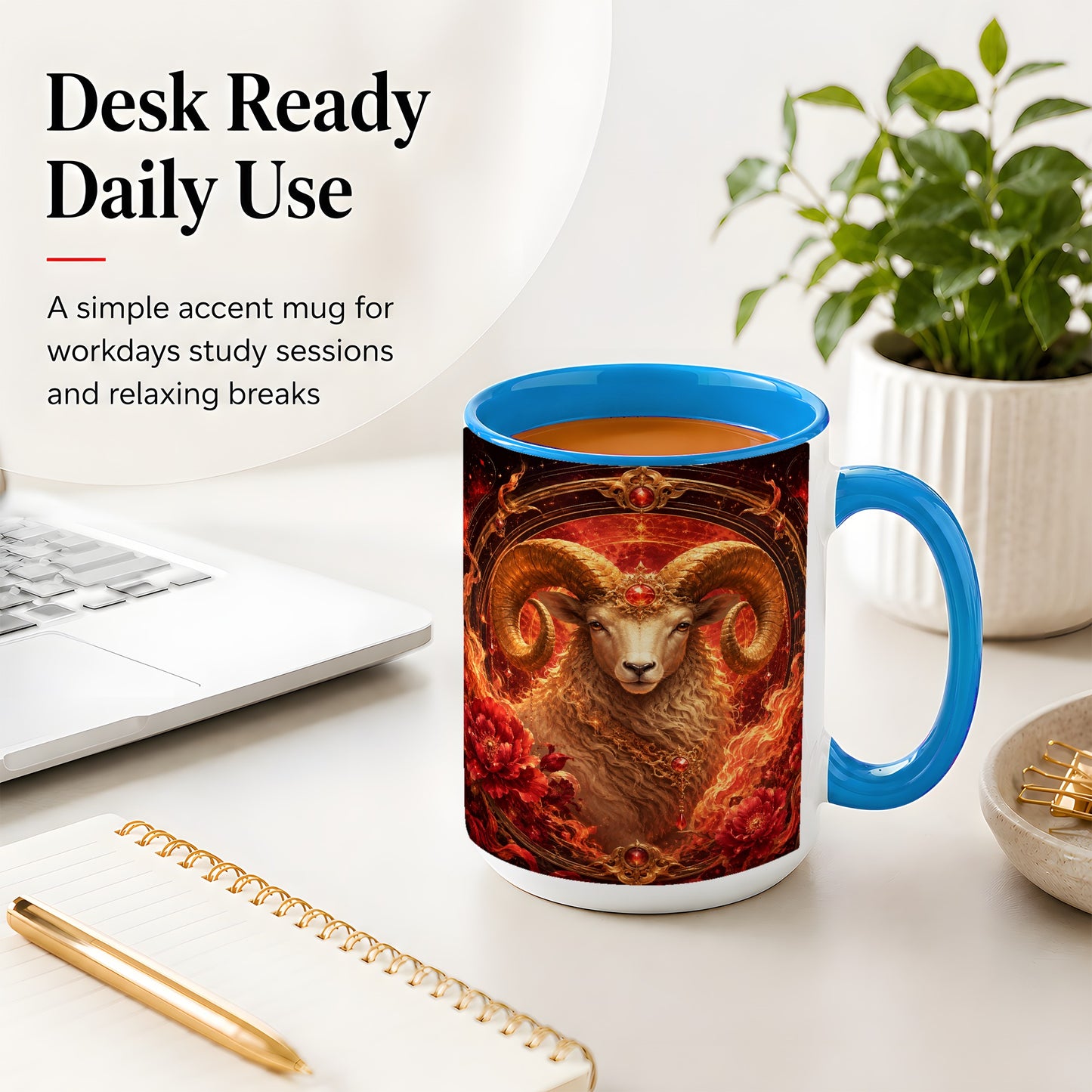 #pl[15oz|Blue] Aries Ram Ceramic Mug, Fiery Zodiac Celestial Floral Art