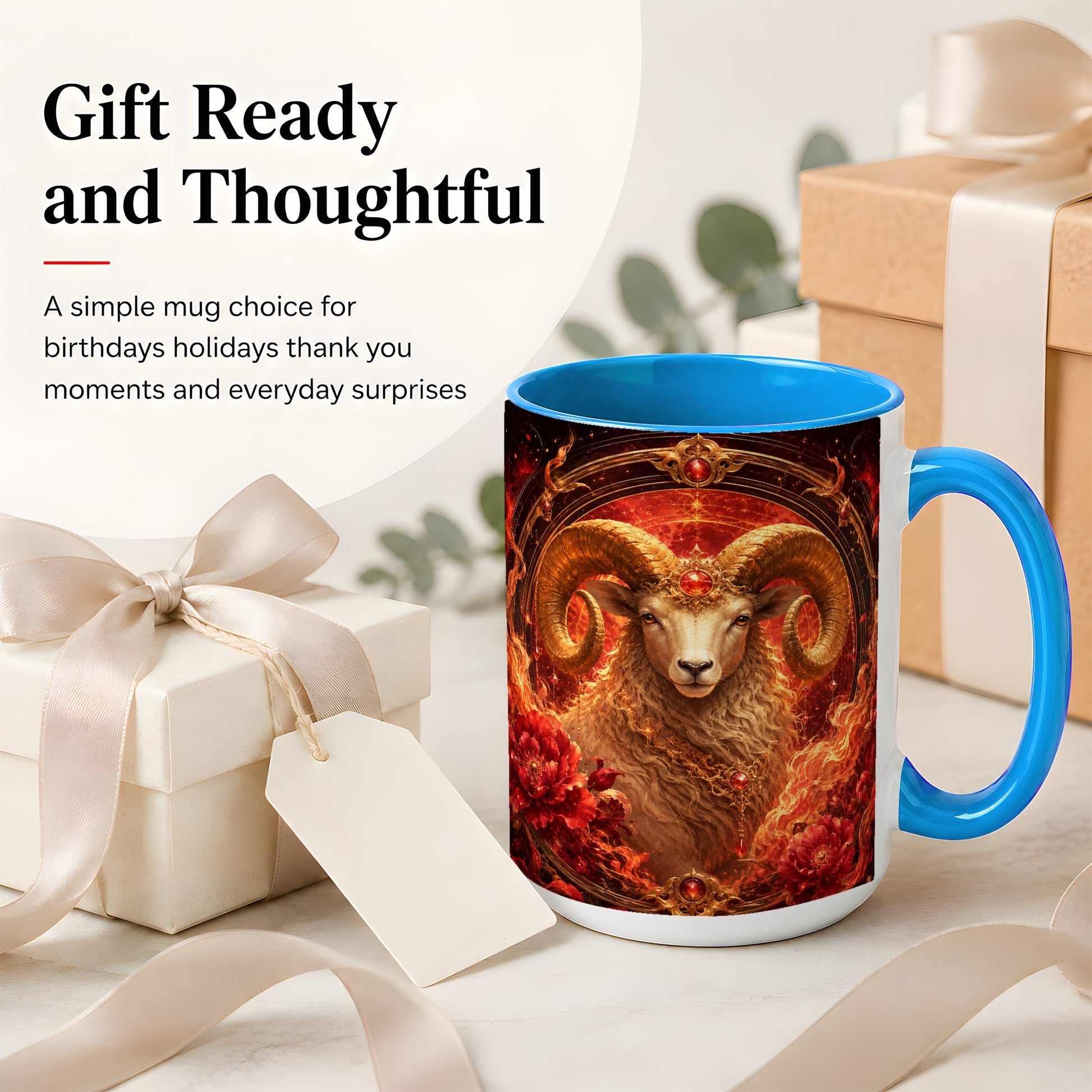 #pl[15oz|Blue] Aries Ram Ceramic Mug, Fiery Zodiac Celestial Floral Art