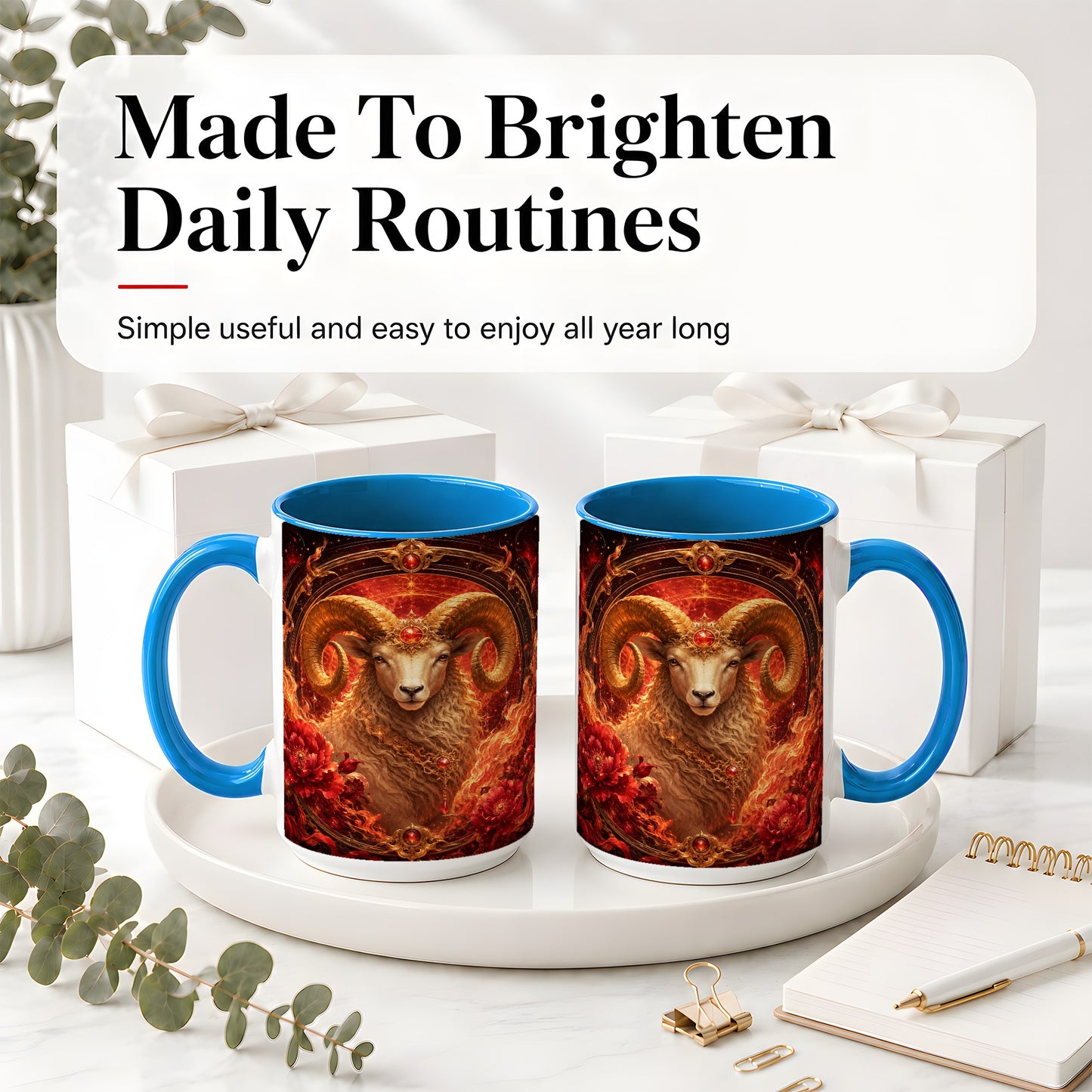 #pl[15oz|Blue] Aries Ram Ceramic Mug, Fiery Zodiac Celestial Floral Art
