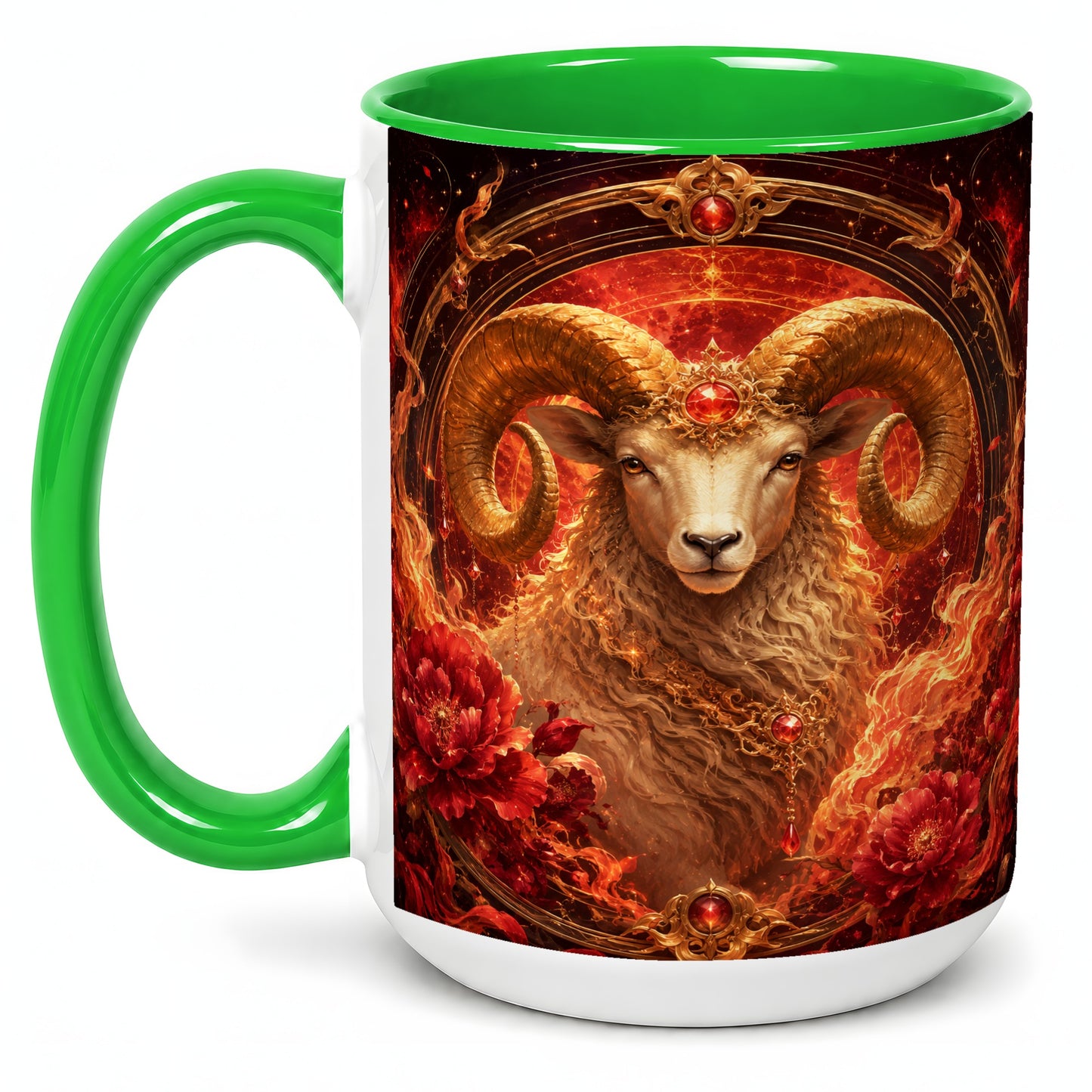 #pl[15oz|Green] Aries Ram Ceramic Mug, Fiery Zodiac Celestial Floral Art