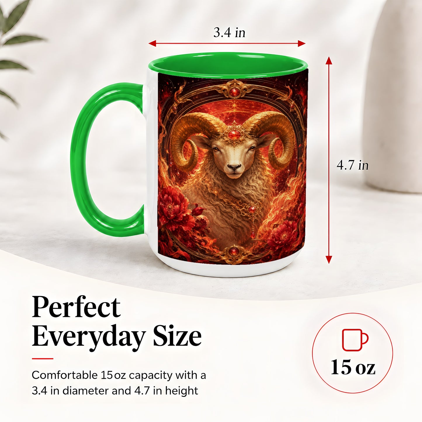 #pl[15oz|Green] Aries Ram Ceramic Mug, Fiery Zodiac Celestial Floral Art