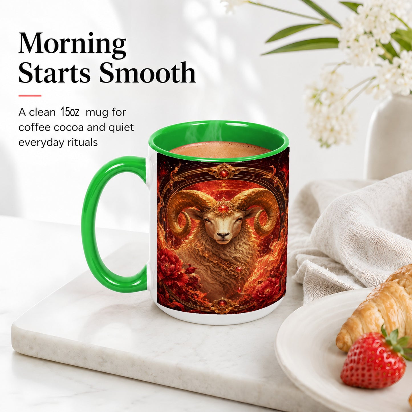 #pl[15oz|Green] Aries Ram Ceramic Mug, Fiery Zodiac Celestial Floral Art