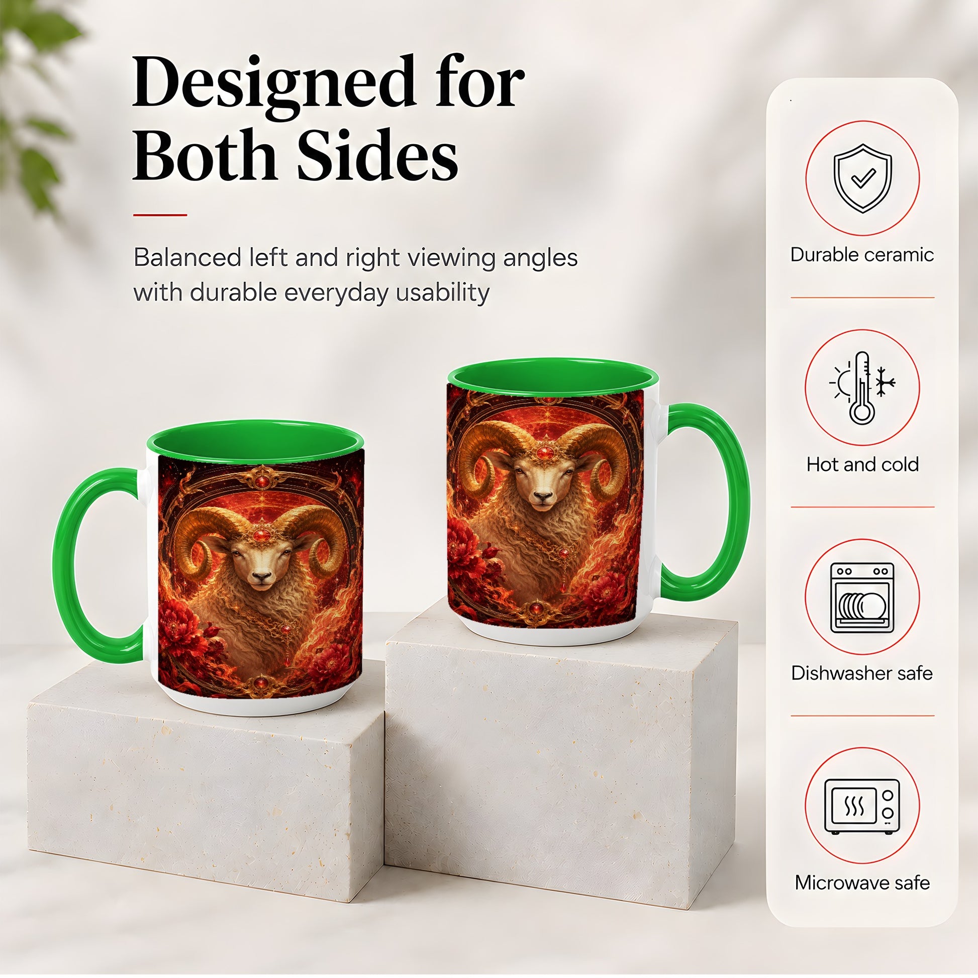 #pl[15oz|Green] Aries Ram Ceramic Mug, Fiery Zodiac Celestial Floral Art