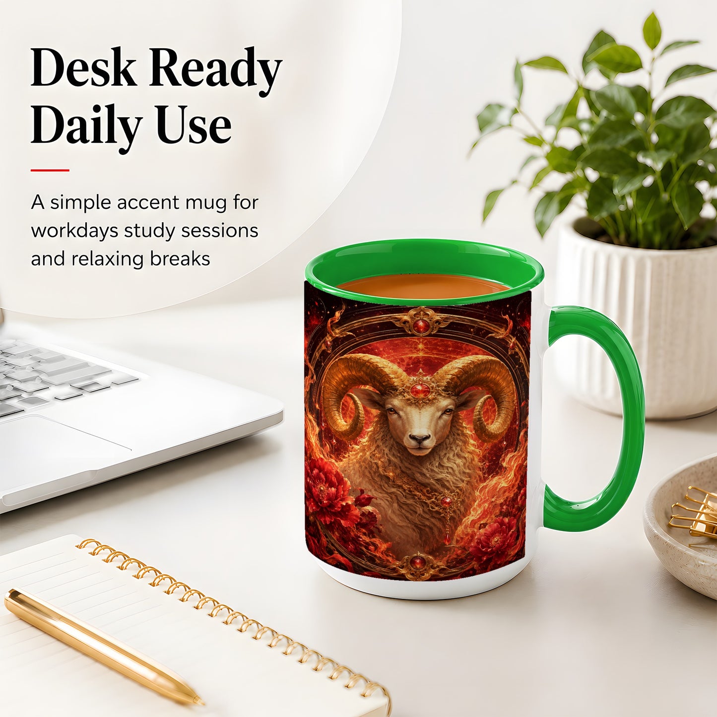 #pl[15oz|Green] Aries Ram Ceramic Mug, Fiery Zodiac Celestial Floral Art