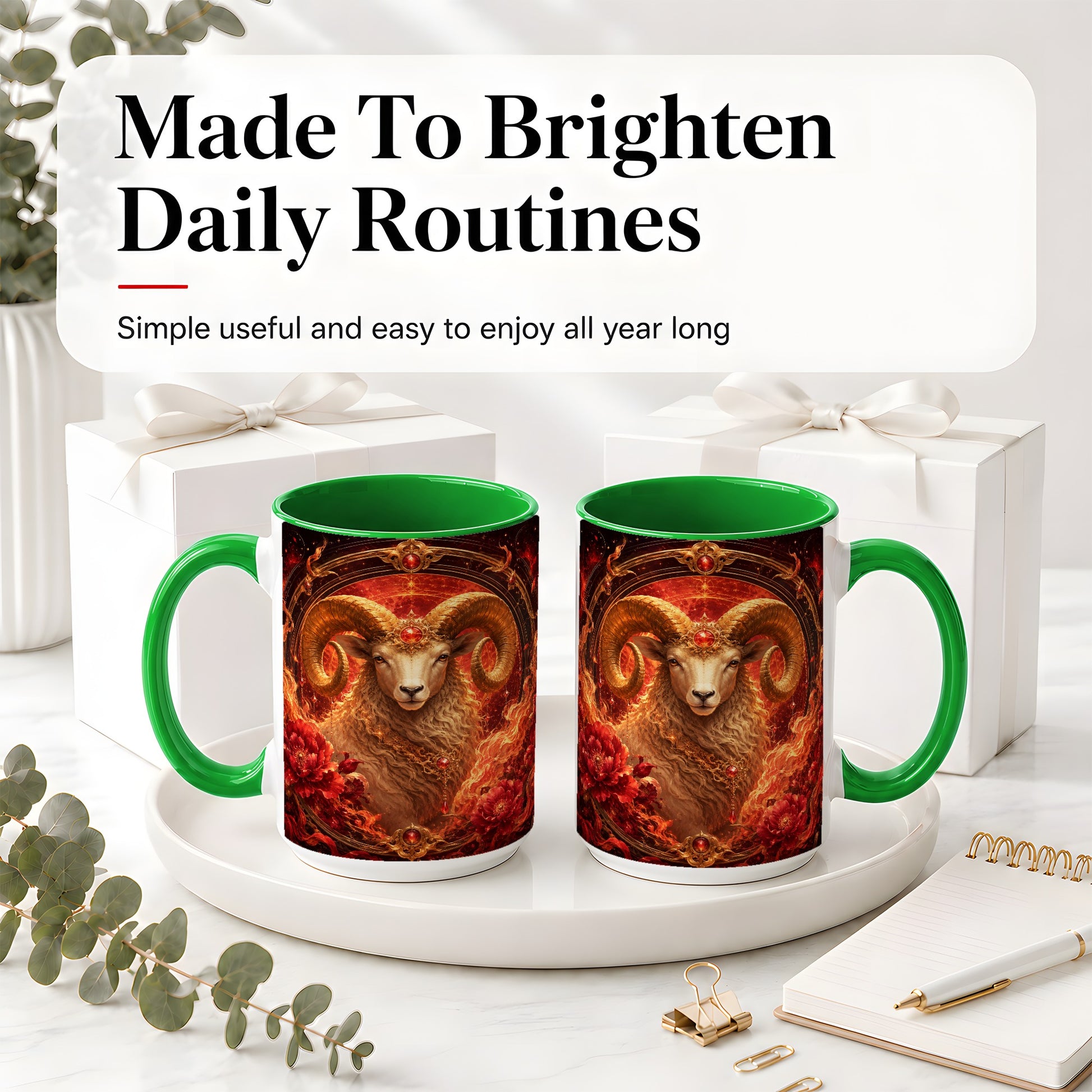 #pl[15oz|Green] Aries Ram Ceramic Mug, Fiery Zodiac Celestial Floral Art