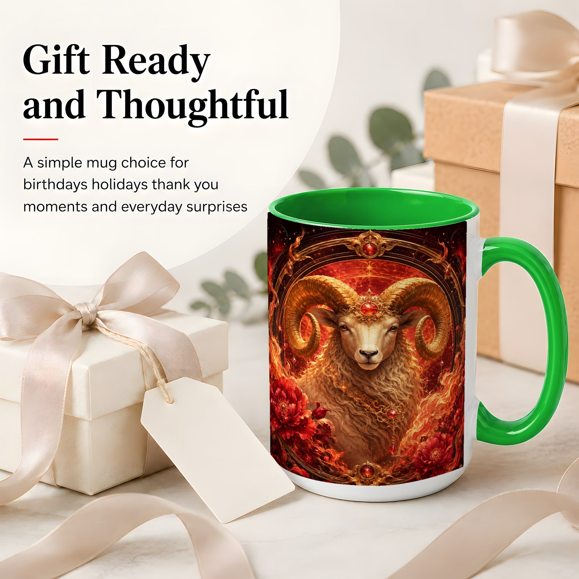 #pl[15oz|Green] Aries Ram Ceramic Mug, Fiery Zodiac Celestial Floral Art