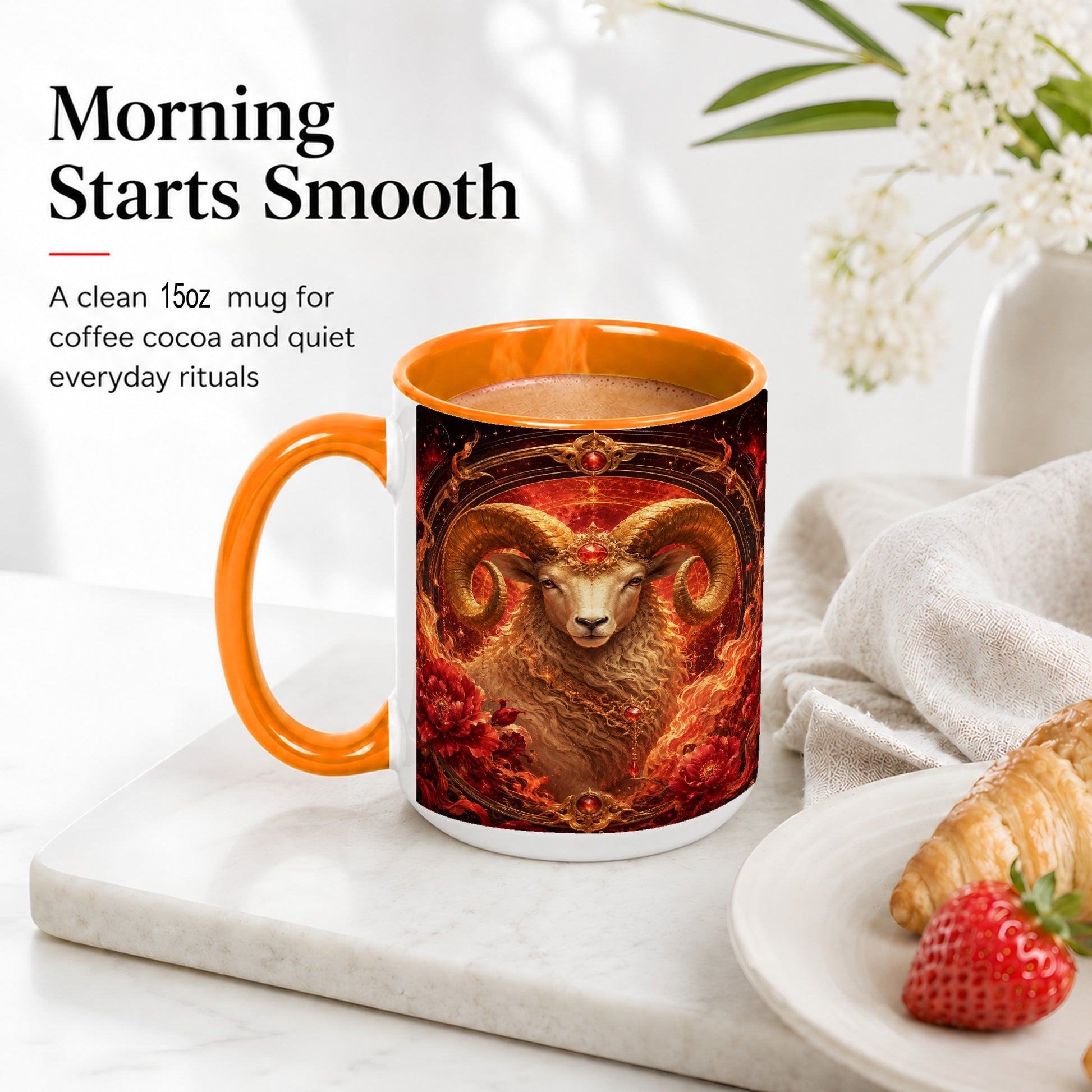 #pl[15oz|Orange] Aries Ram Ceramic Mug, Fiery Zodiac Celestial Floral Art