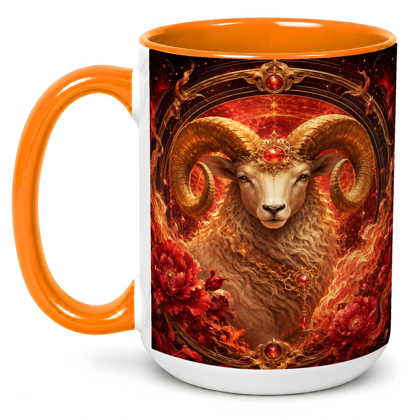 #pl[15oz|Orange] Aries Ram Ceramic Mug, Fiery Zodiac Celestial Floral Art