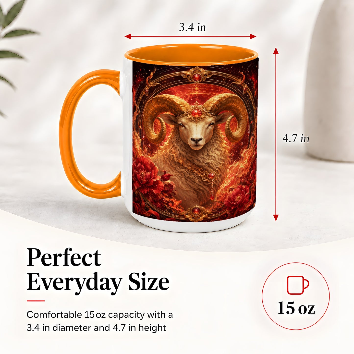#pl[15oz|Orange] Aries Ram Ceramic Mug, Fiery Zodiac Celestial Floral Art
