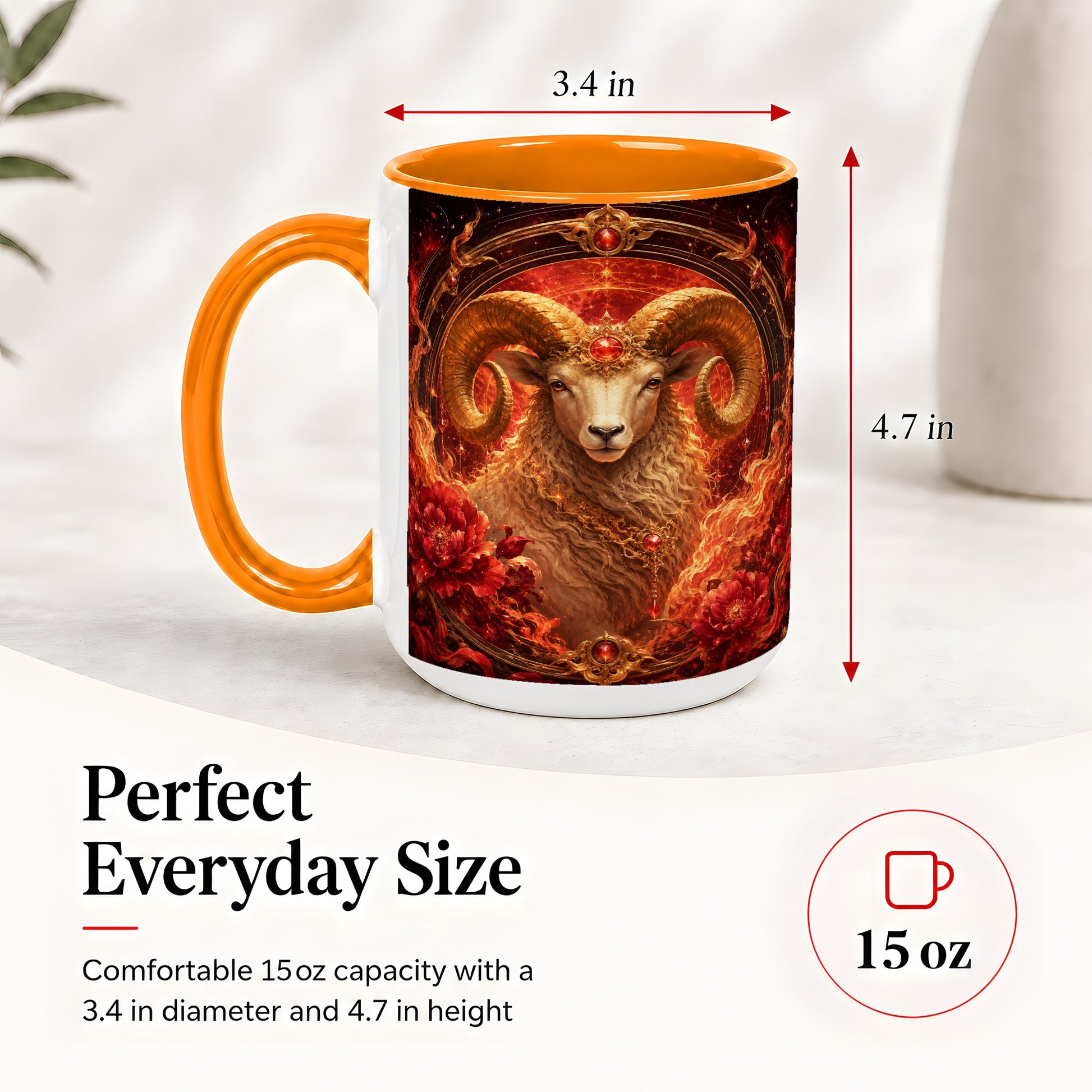 #pl[15oz|Orange] Aries Ram Ceramic Mug, Fiery Zodiac Celestial Floral Art