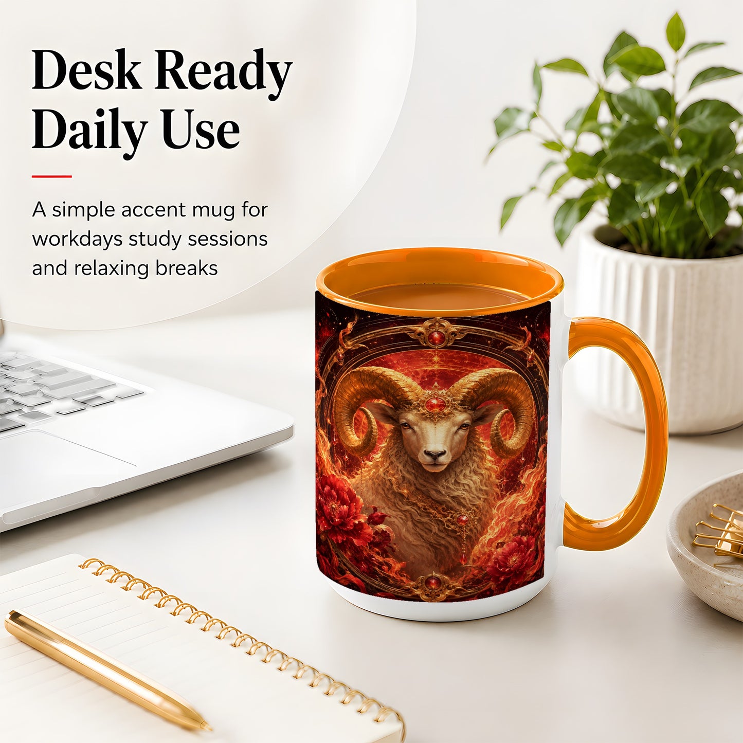 #pl[15oz|Orange] Aries Ram Ceramic Mug, Fiery Zodiac Celestial Floral Art