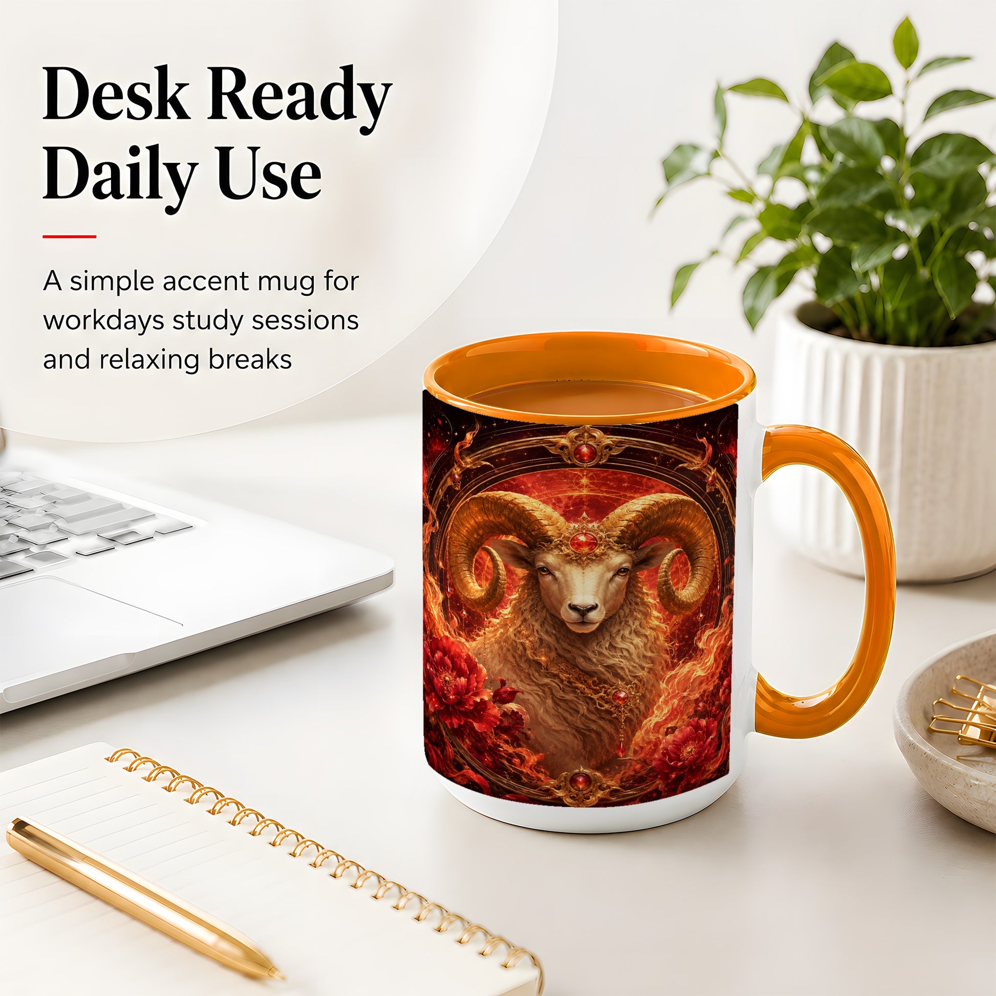 #pl[15oz|Orange] Aries Ram Ceramic Mug, Fiery Zodiac Celestial Floral Art