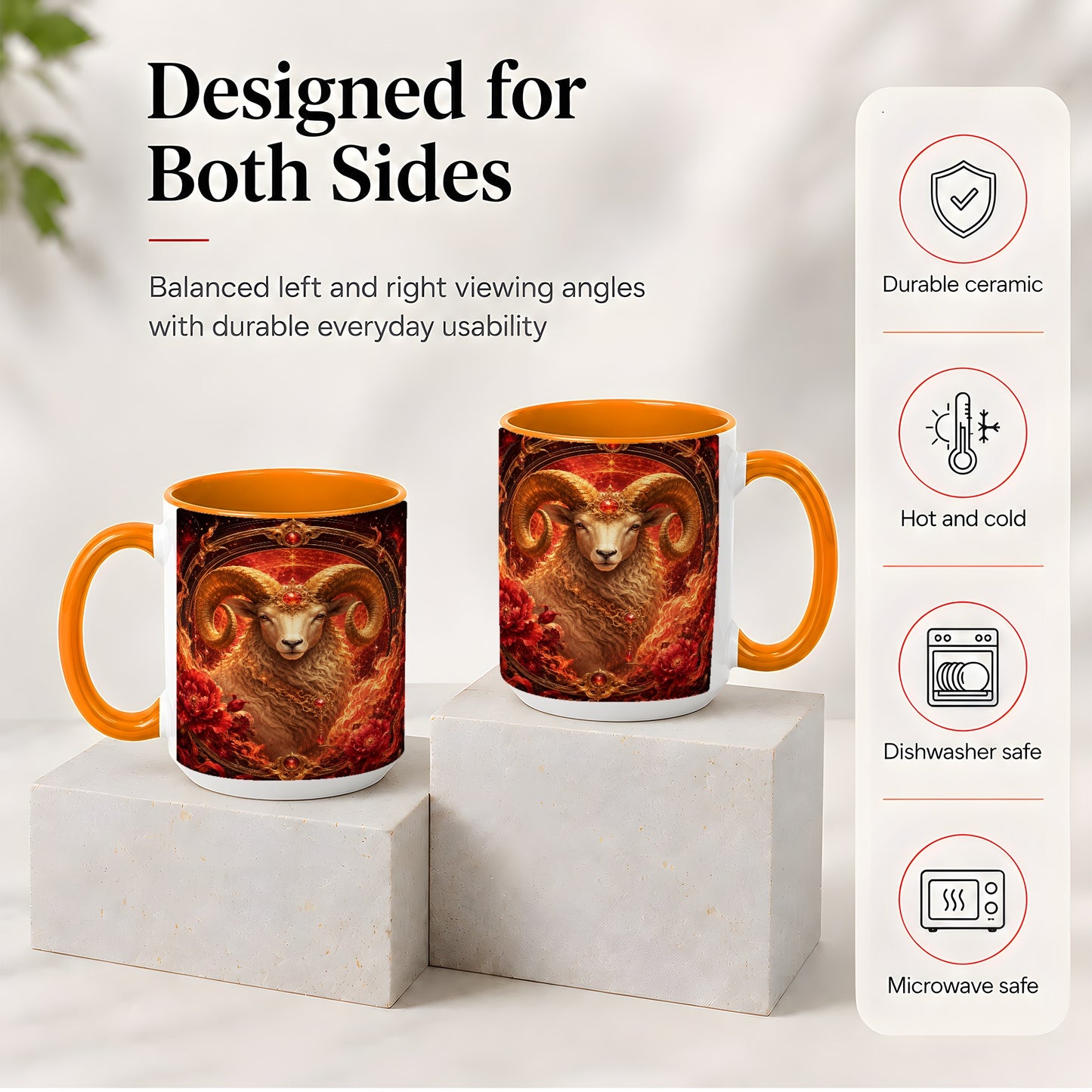 #pl[15oz|Orange] Aries Ram Ceramic Mug, Fiery Zodiac Celestial Floral Art