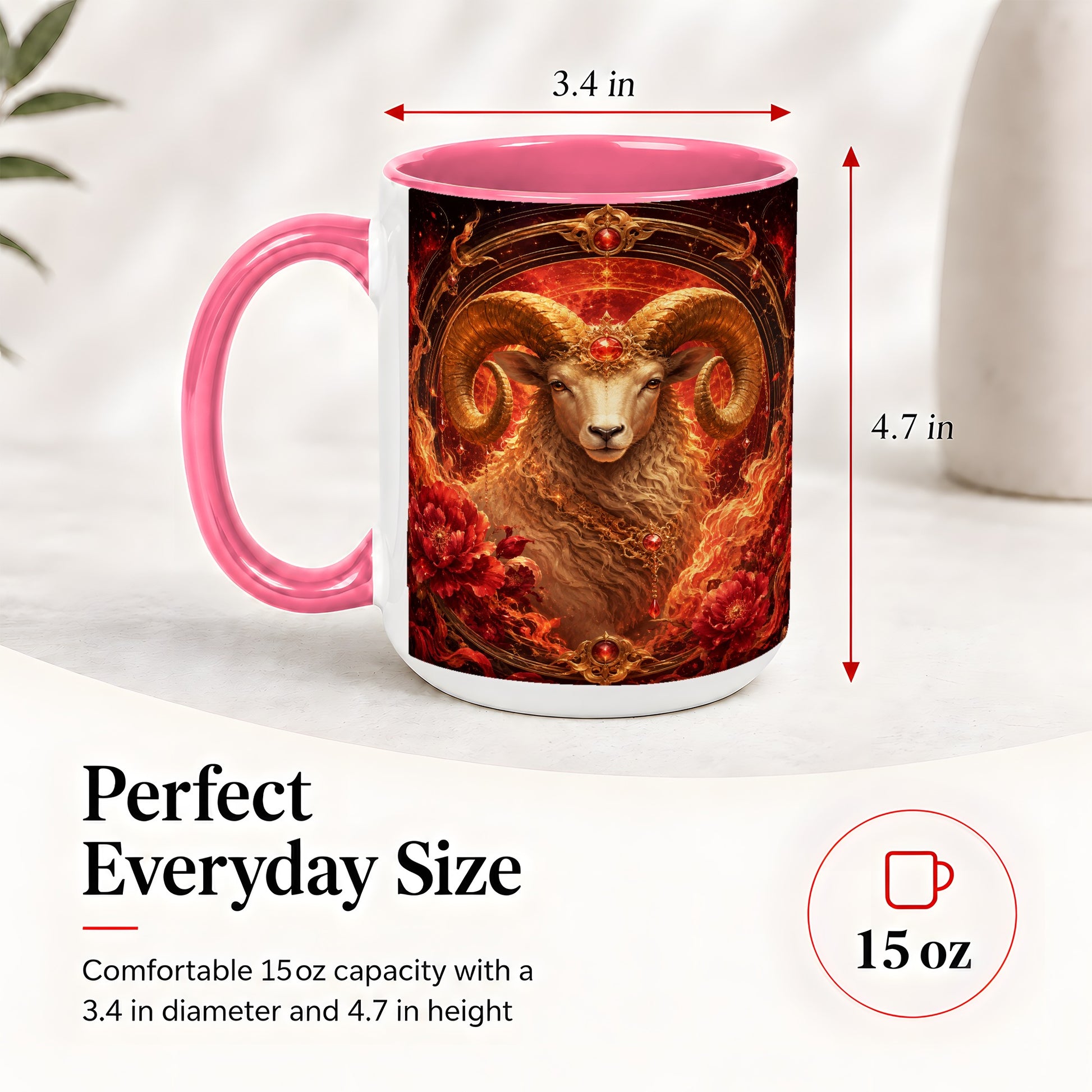 #pl[15oz|Pink] Aries Ram Ceramic Mug, Fiery Zodiac Celestial Floral Art