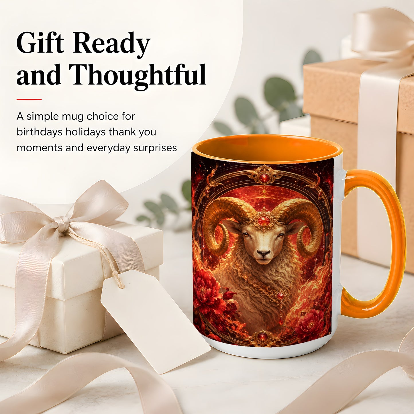 #pl[15oz|Orange] Aries Ram Ceramic Mug, Fiery Zodiac Celestial Floral Art