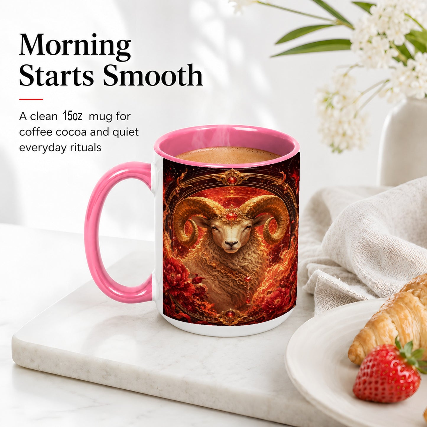 #pl[15oz|Pink] Aries Ram Ceramic Mug, Fiery Zodiac Celestial Floral Art