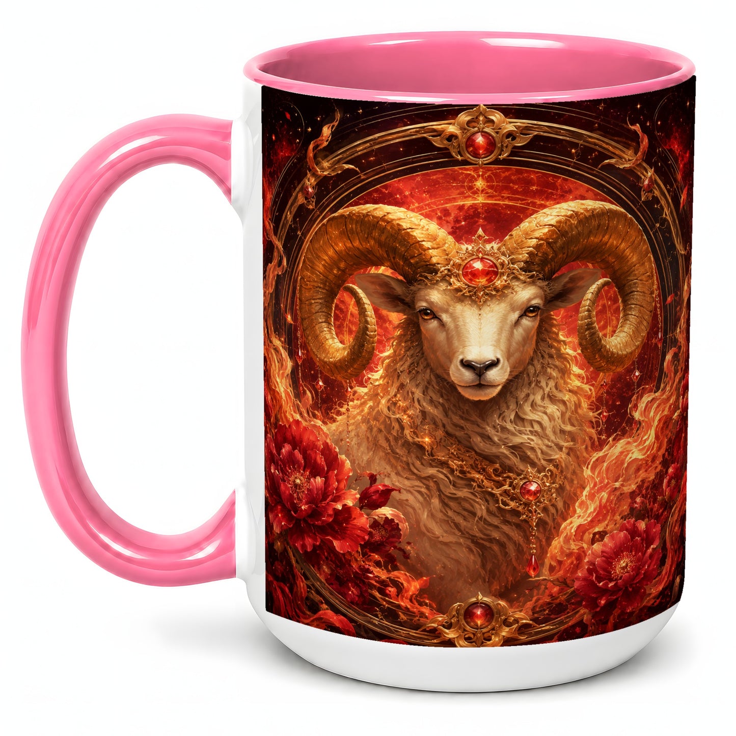 #pl[15oz|Pink] Aries Ram Ceramic Mug, Fiery Zodiac Celestial Floral Art